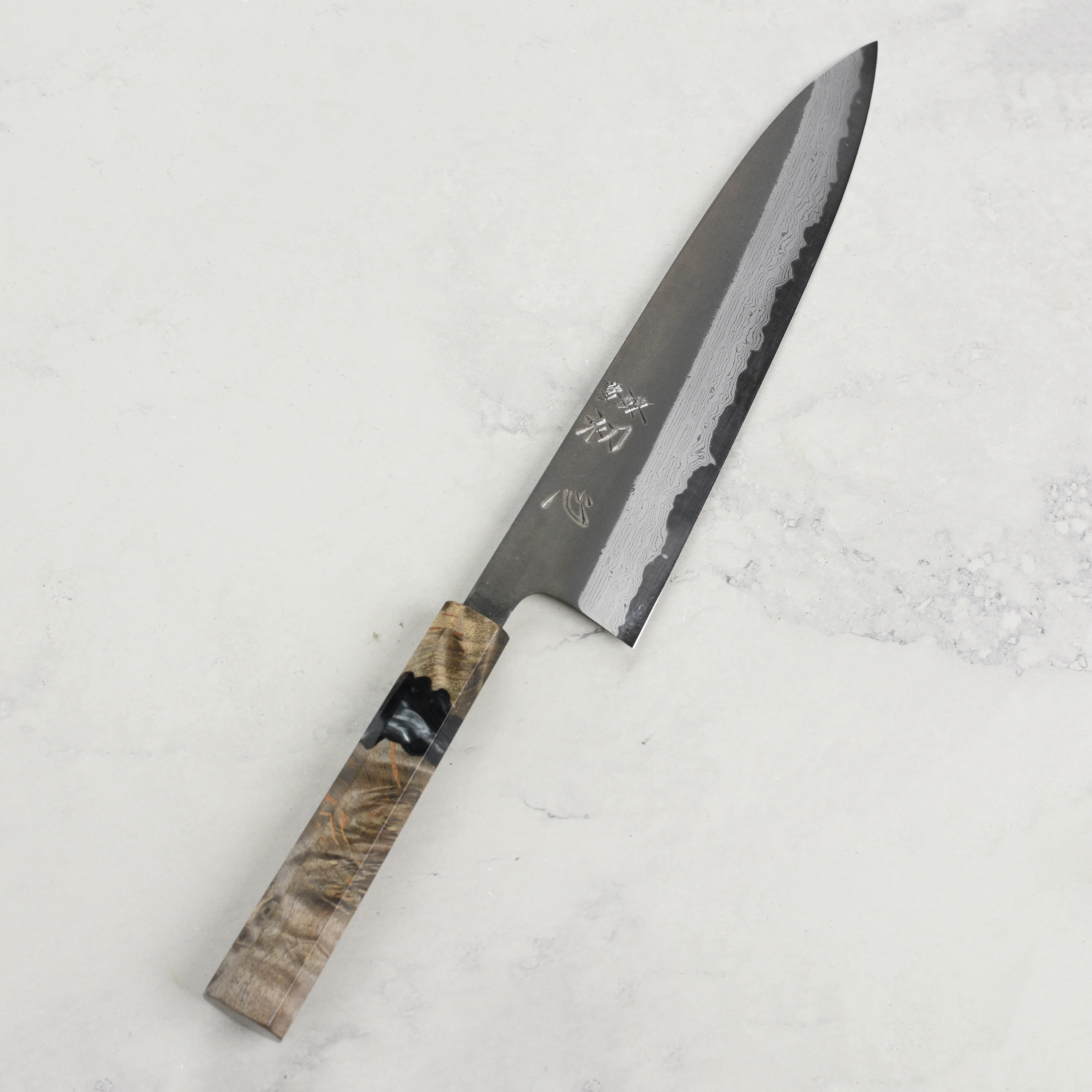 Hatsukokoro Shinkiro Aogami Super Kurouchi Damascus 8.25" Gyuto, Stabilized Birch - Image 4