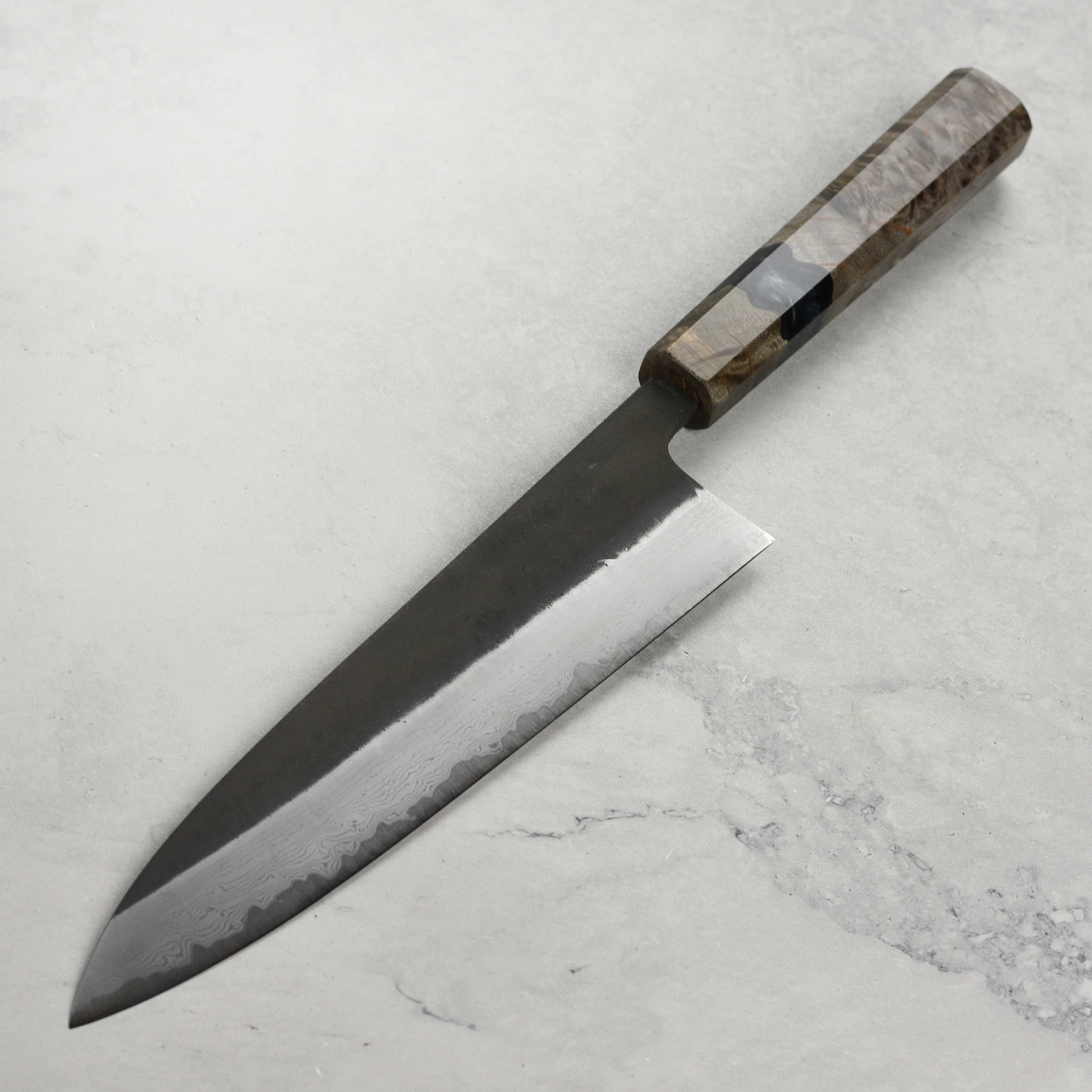 Hatsukokoro Shinkiro Aogami Super Kurouchi Damascus 8.25" Gyuto, Stabilized Birch - Image 6