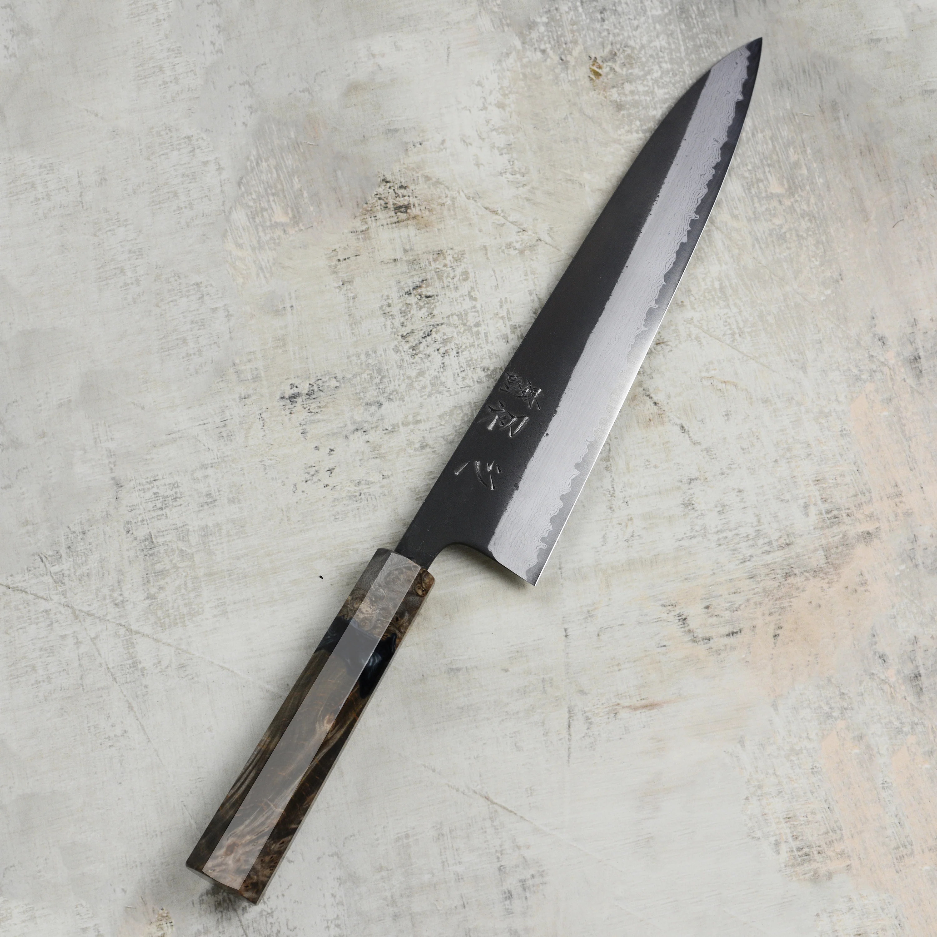 Hatsukokoro Shinkiro Aogami Super Kurouchi Damascus 9.4" Gyuto, Stabilized Birch - Image 4