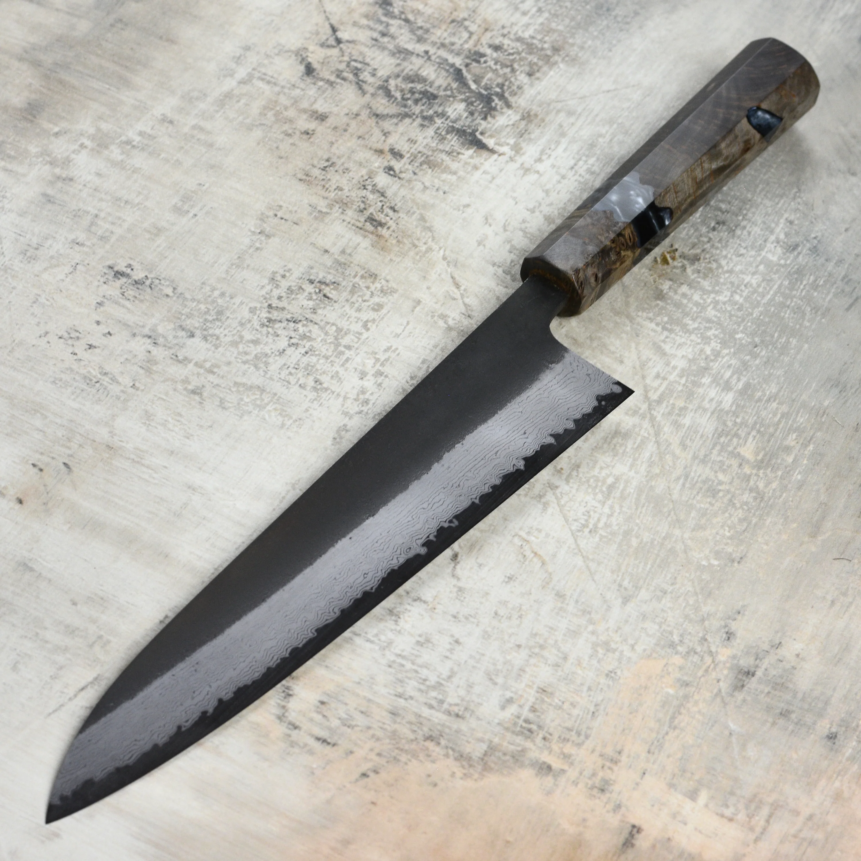 Hatsukokoro Shinkiro Aogami Super Kurouchi Damascus 9.4" Gyuto, Stabilized Birch - Image 6
