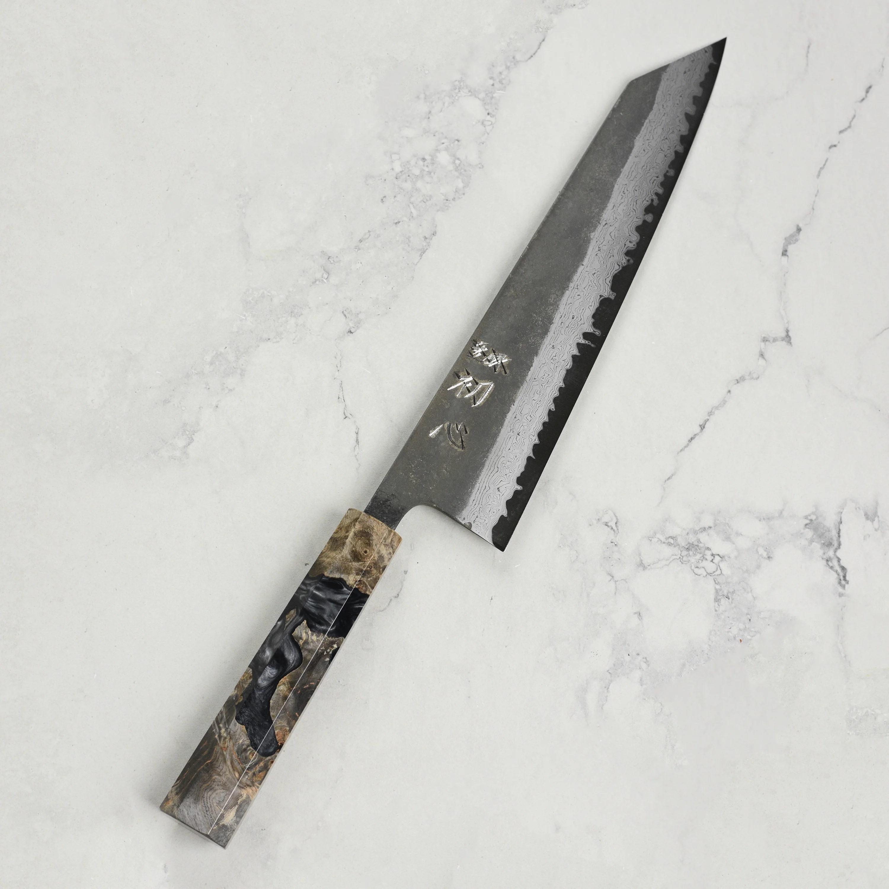Hatsukokoro Shinkiro Aogami Super Kurouchi Damascus 9.4" Kiritsuke, Stabilized Birch - Image 4