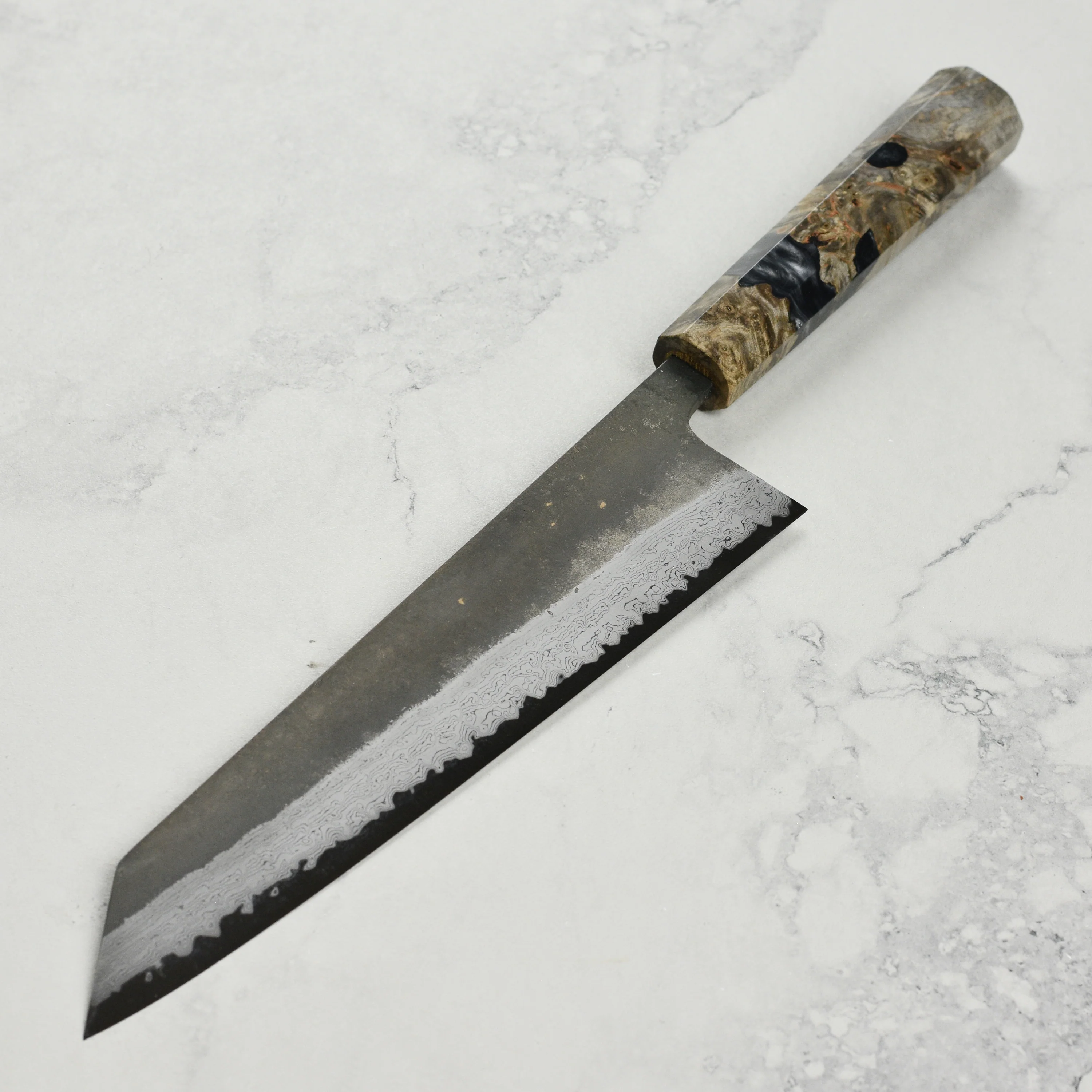 Hatsukokoro Shinkiro Aogami Super Kurouchi Damascus 9.4" Kiritsuke, Stabilized Birch - Image 6