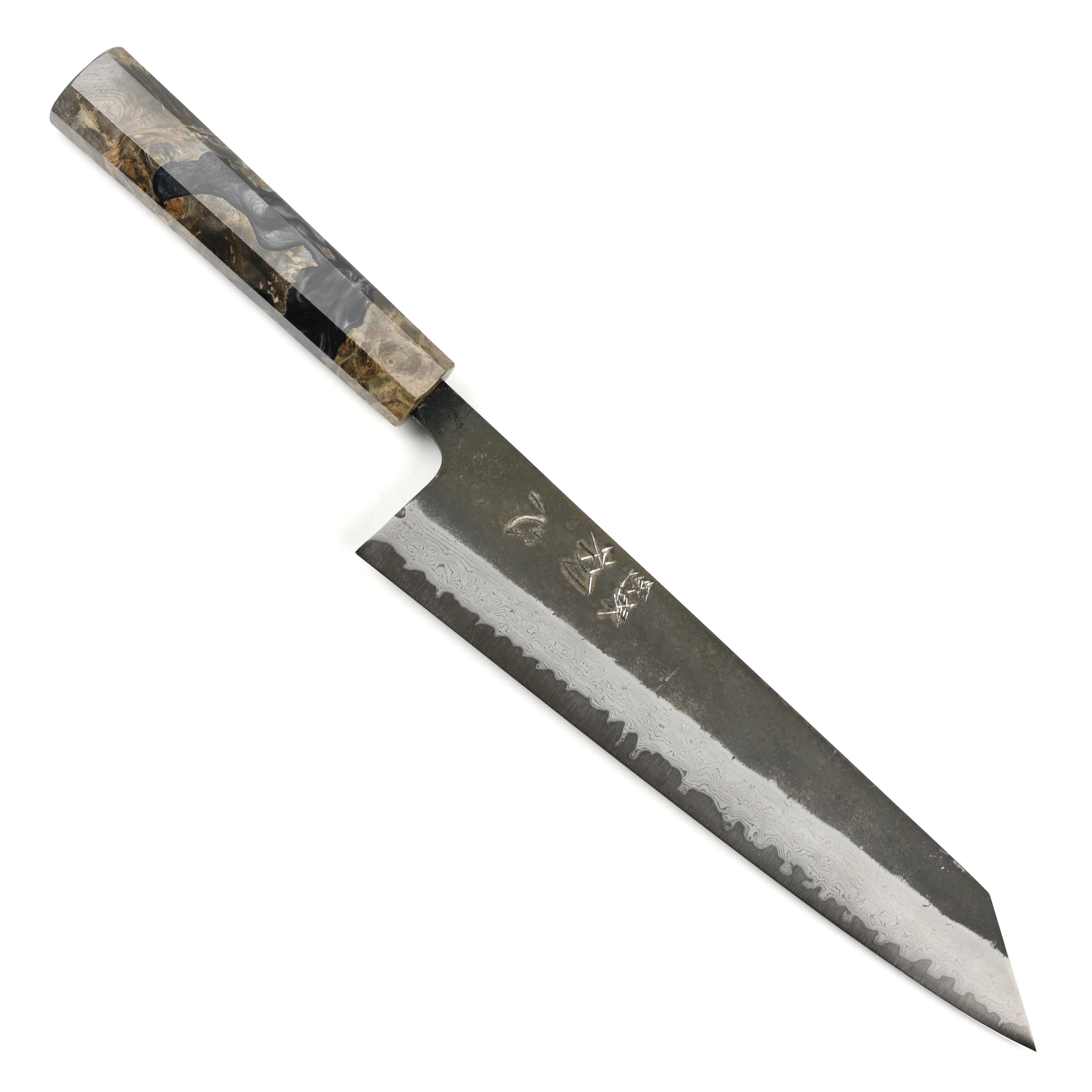 Hatsukokoro Shinkiro Aogami Super Kurouchi Damascus 9.4" Kiritsuke, Stabilized Birch - Image 9