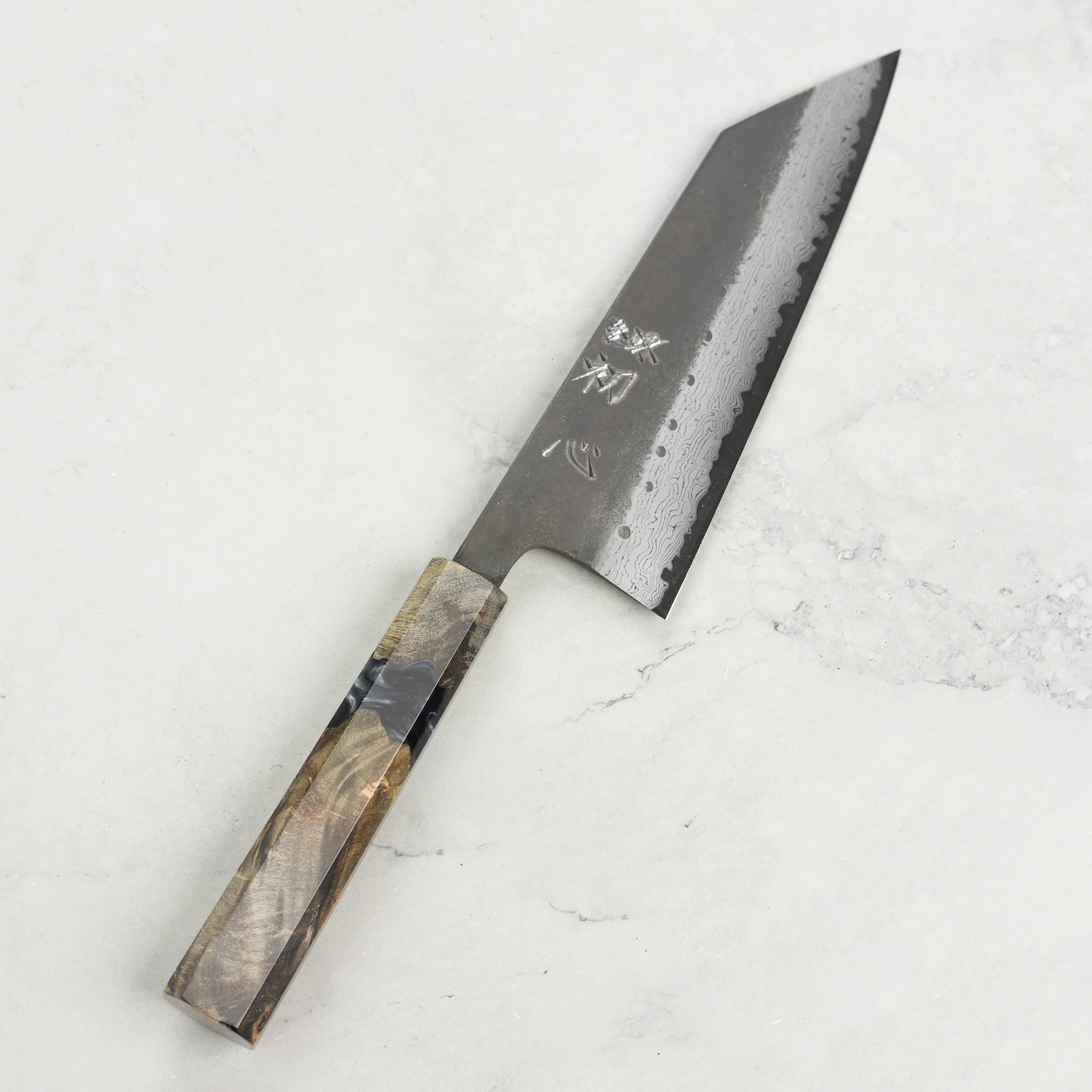 Hatsukokoro Shinkiro Aogami Super Kurouchi Damascus 6.5" Bunka, Stabilized Birch - Image 6