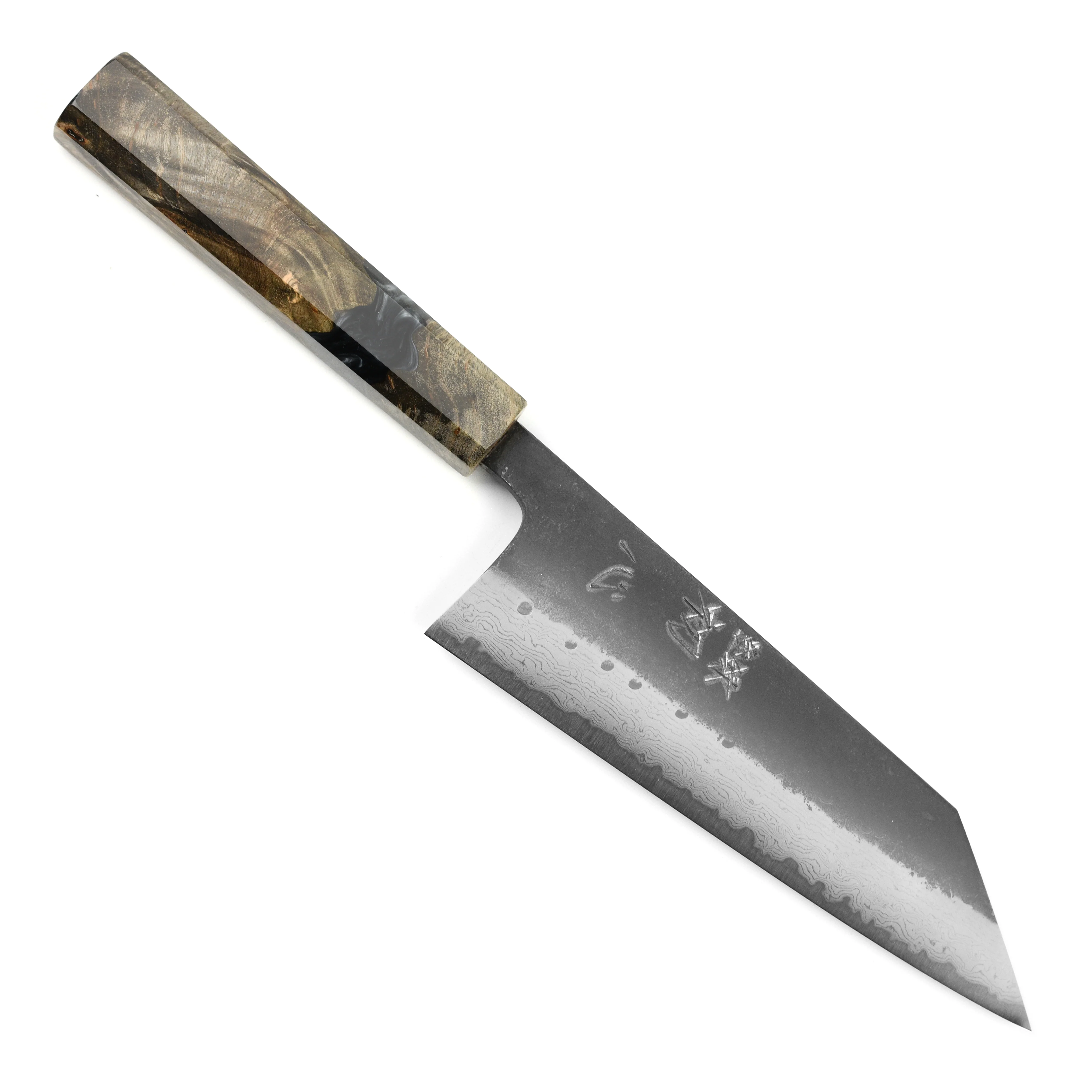 Hatsukokoro Shinkiro Aogami Super Kurouchi Damascus 6.5" Bunka, Stabilized Birch - Image 9