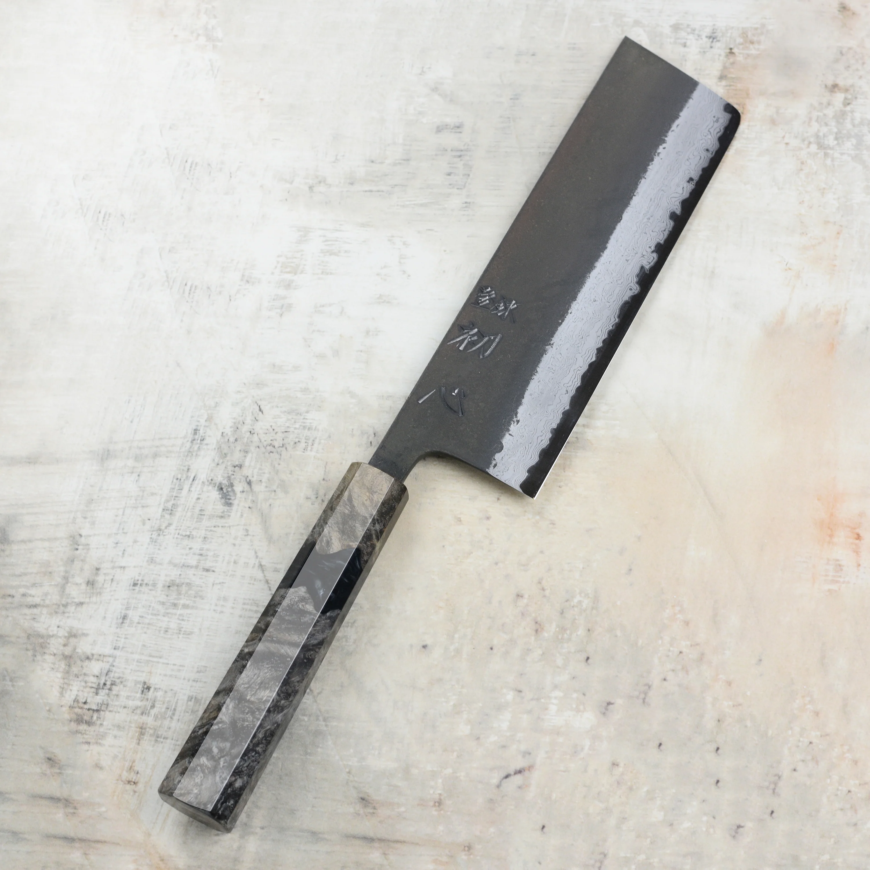 Hatsukokoro Shinkiro Aogami Super Kurouchi Damascus 6.5" Nakiri, Stabilized Birch - Image 4