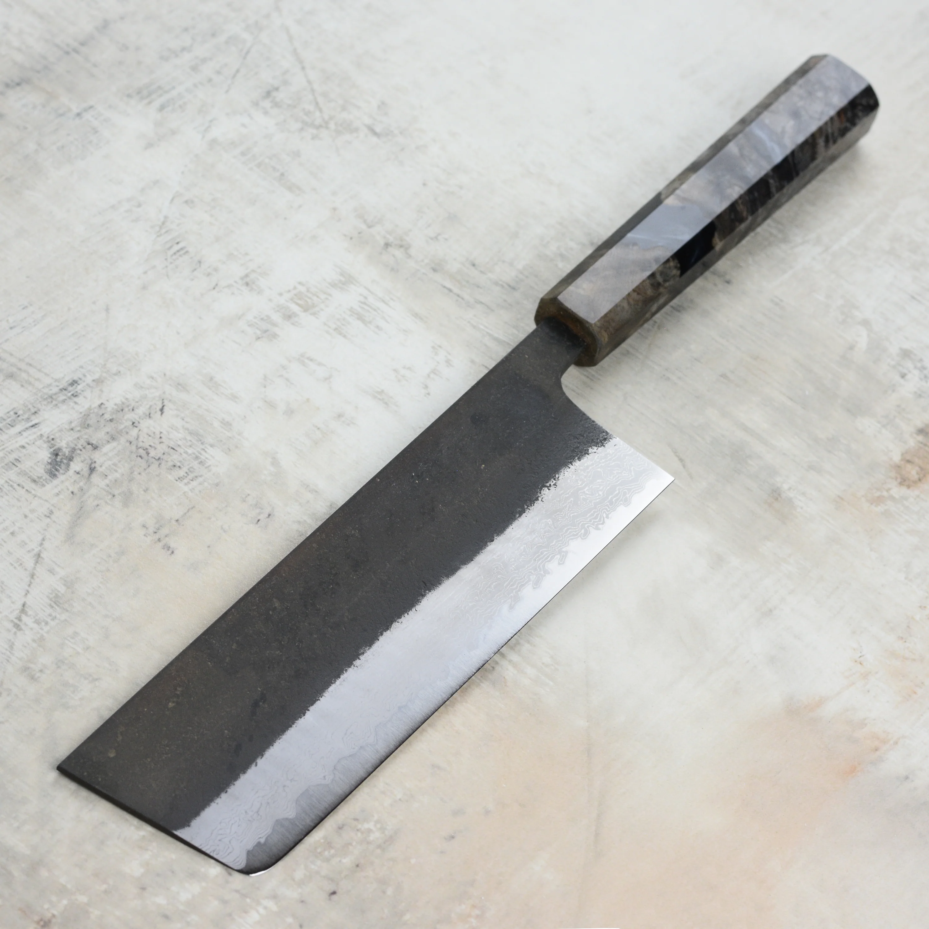 Hatsukokoro Shinkiro Aogami Super Kurouchi Damascus 6.5" Nakiri, Stabilized Birch - Image 6