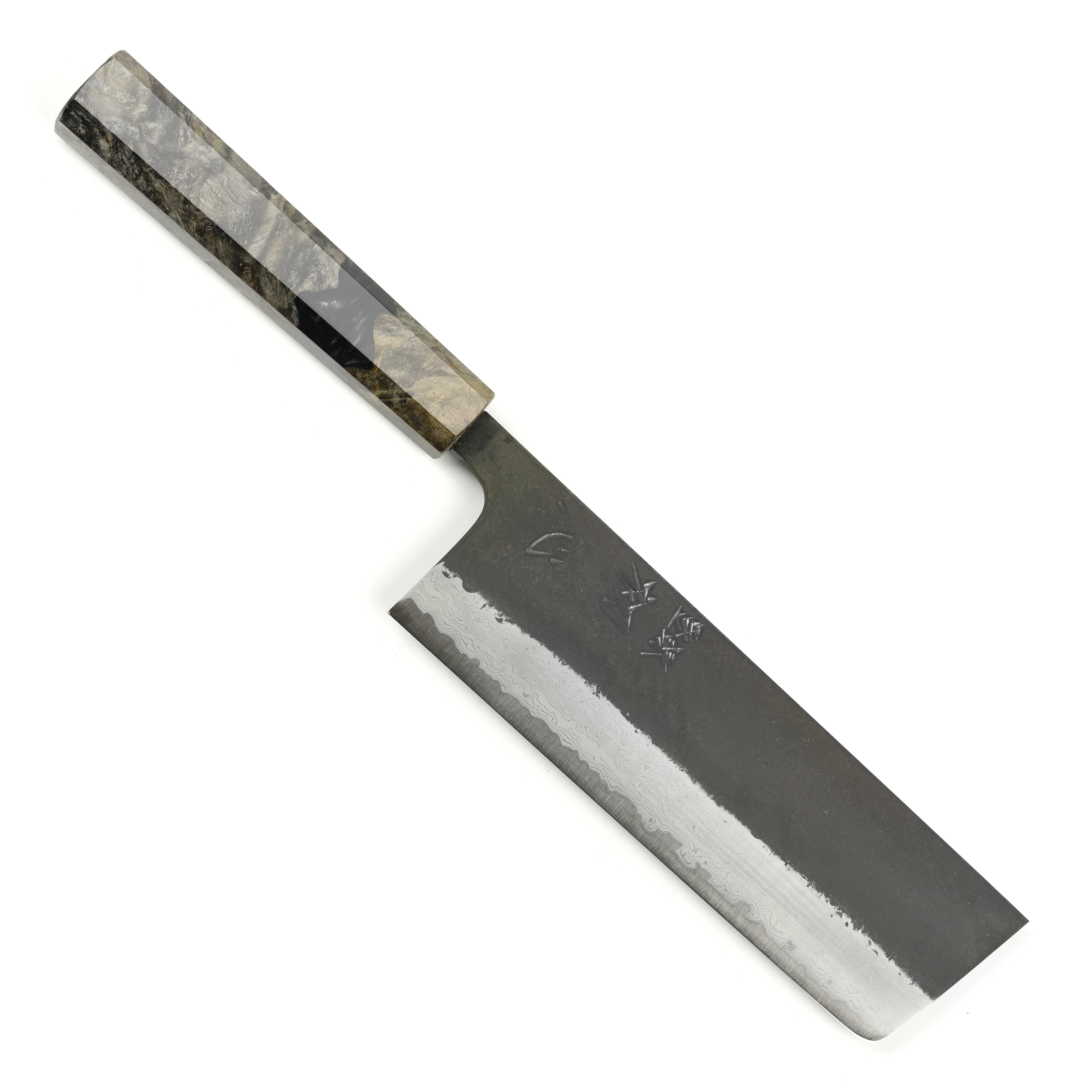 Hatsukokoro Shinkiro Aogami Super Kurouchi Damascus 6.5" Nakiri, Stabilized Birch - Image 9