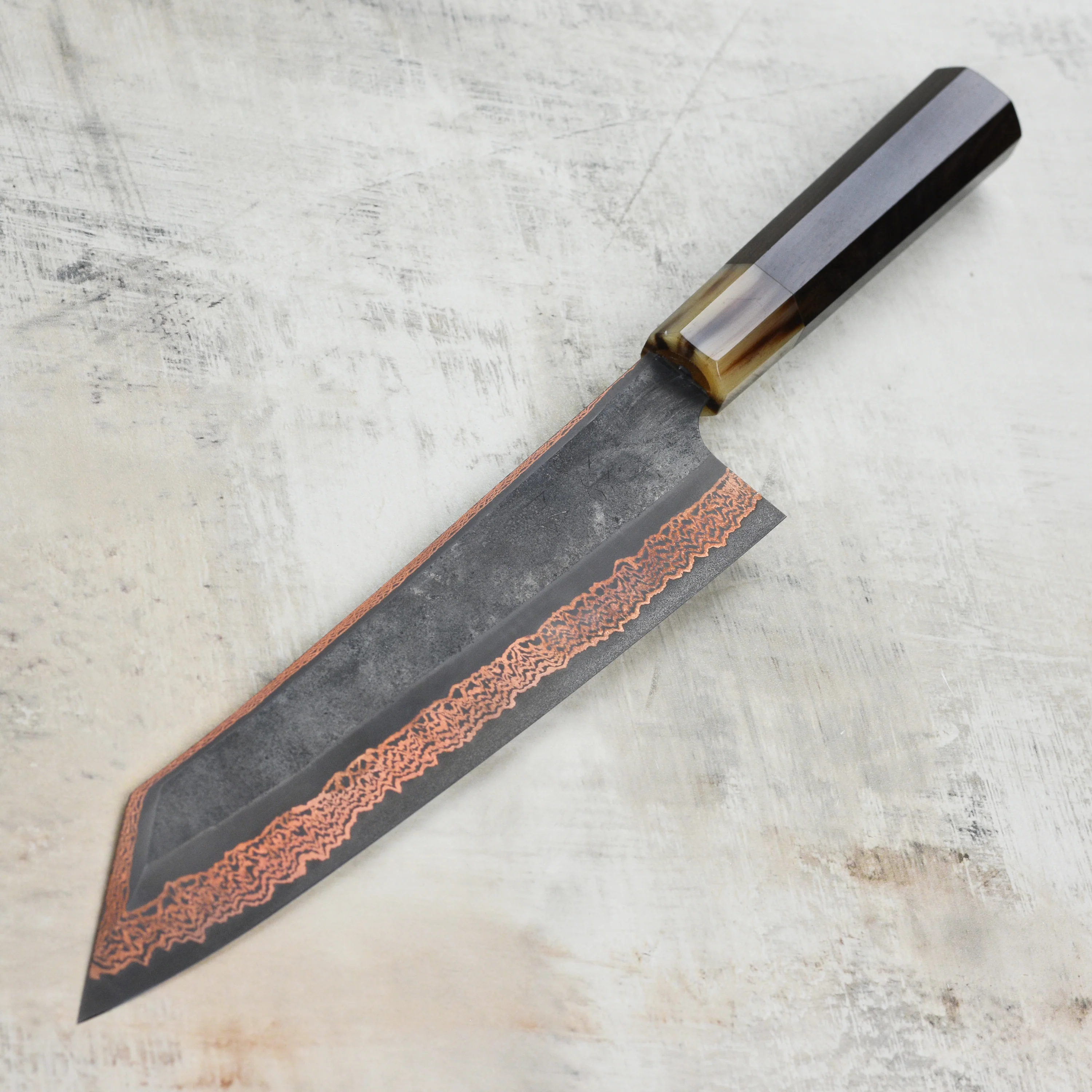Hatsukokoro Yorokobi SLD Kurouchi Copper Damascus 9.4" Kiritsuke - Image 6