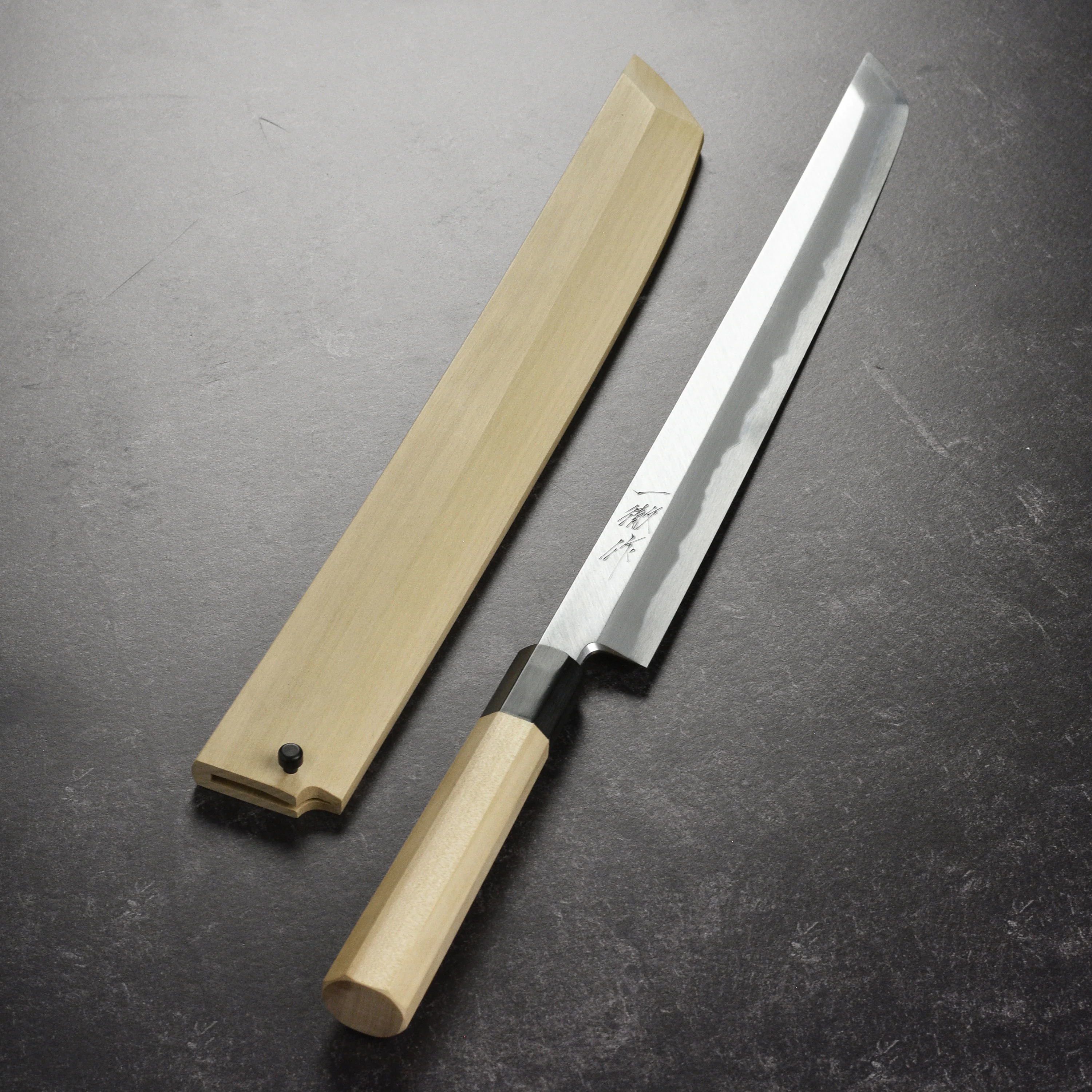 Ittetsu x Tanaka Shirogami #2 Single Bevel 13" Sakimaru Takohiki with Saya - Image 8