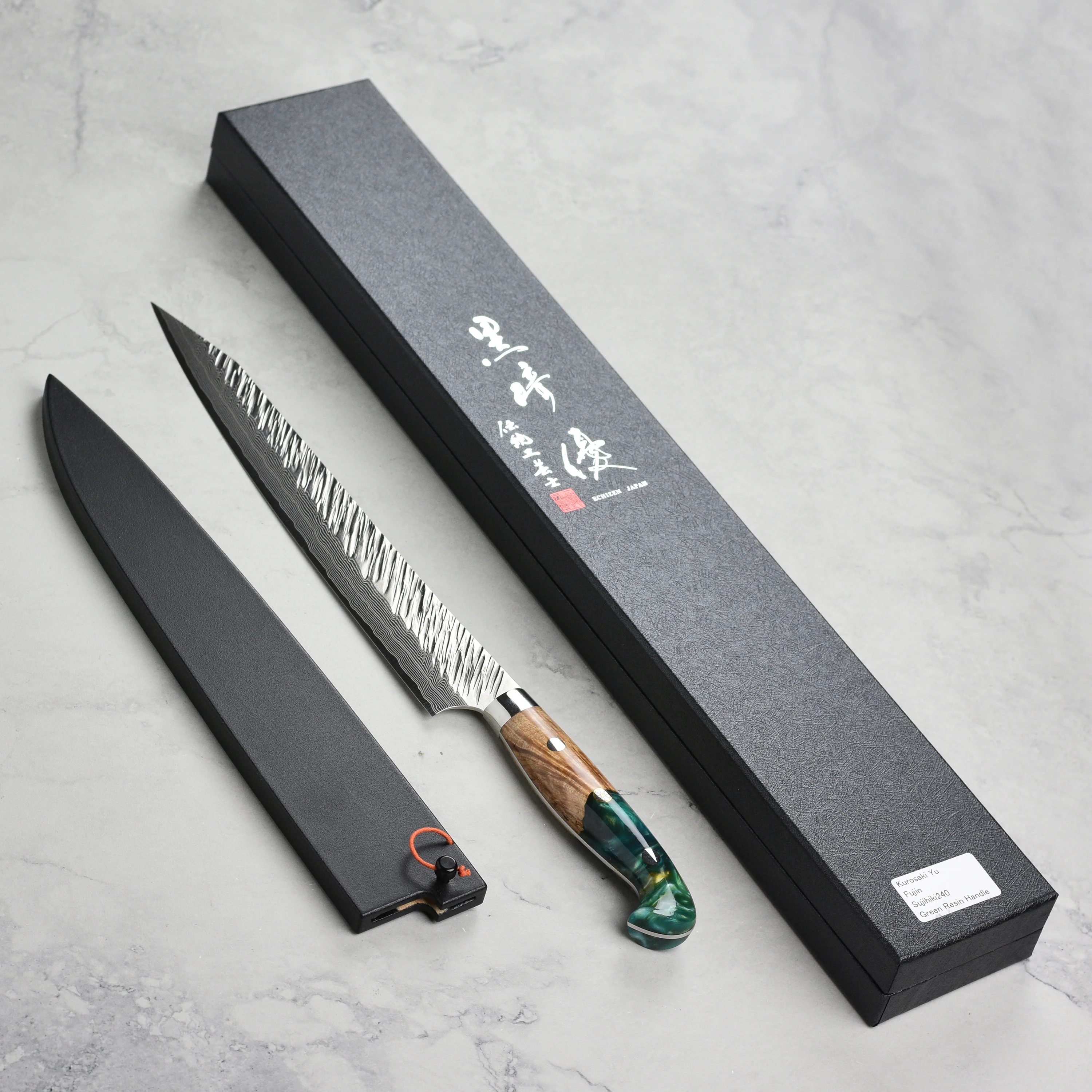 Kurosaki Fujin Forged SG2 Damascus 9.4" Sujihiki with Saya - Image 5