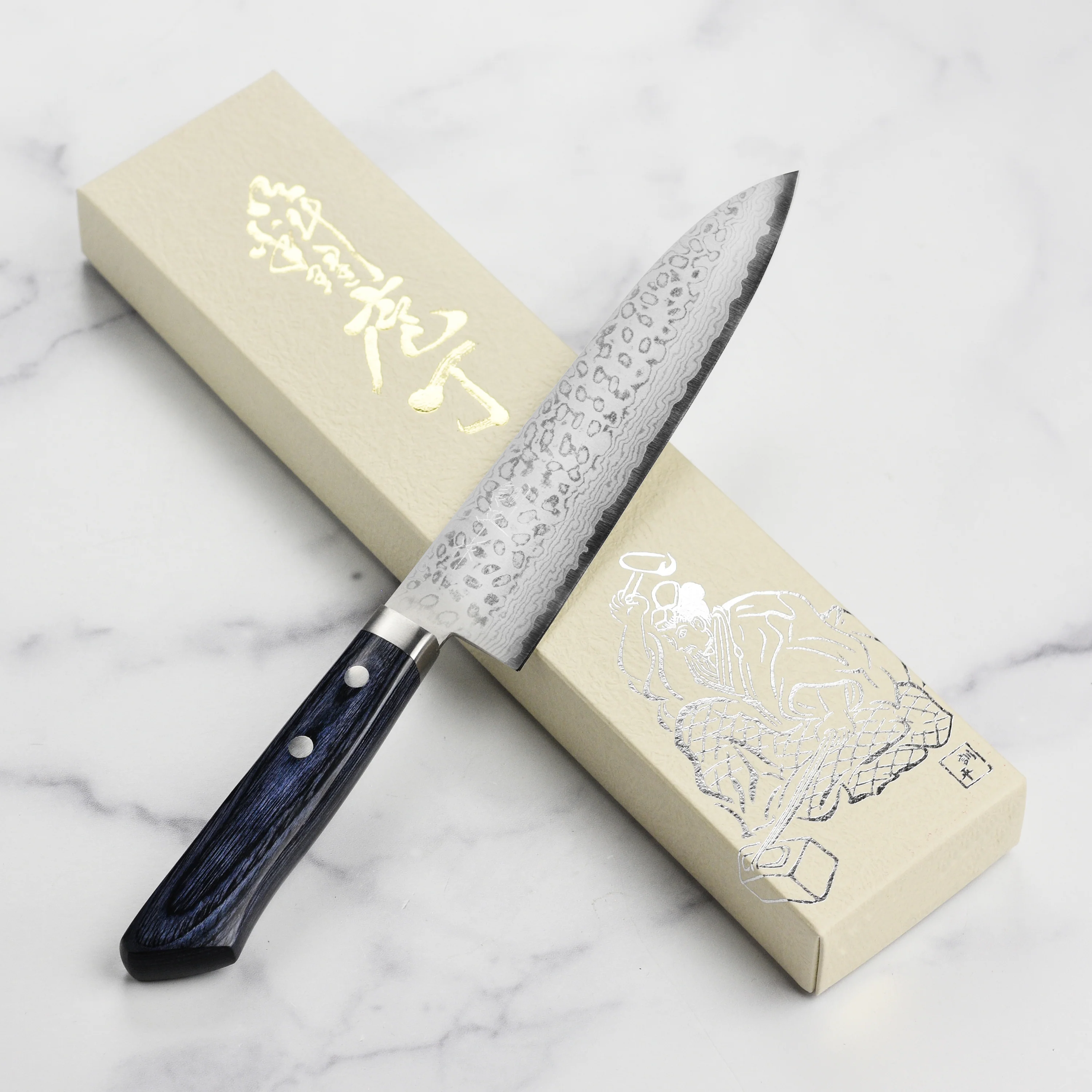 Masutani VG10 Damascus 7" Gyuto, Blue Handle - Image 7