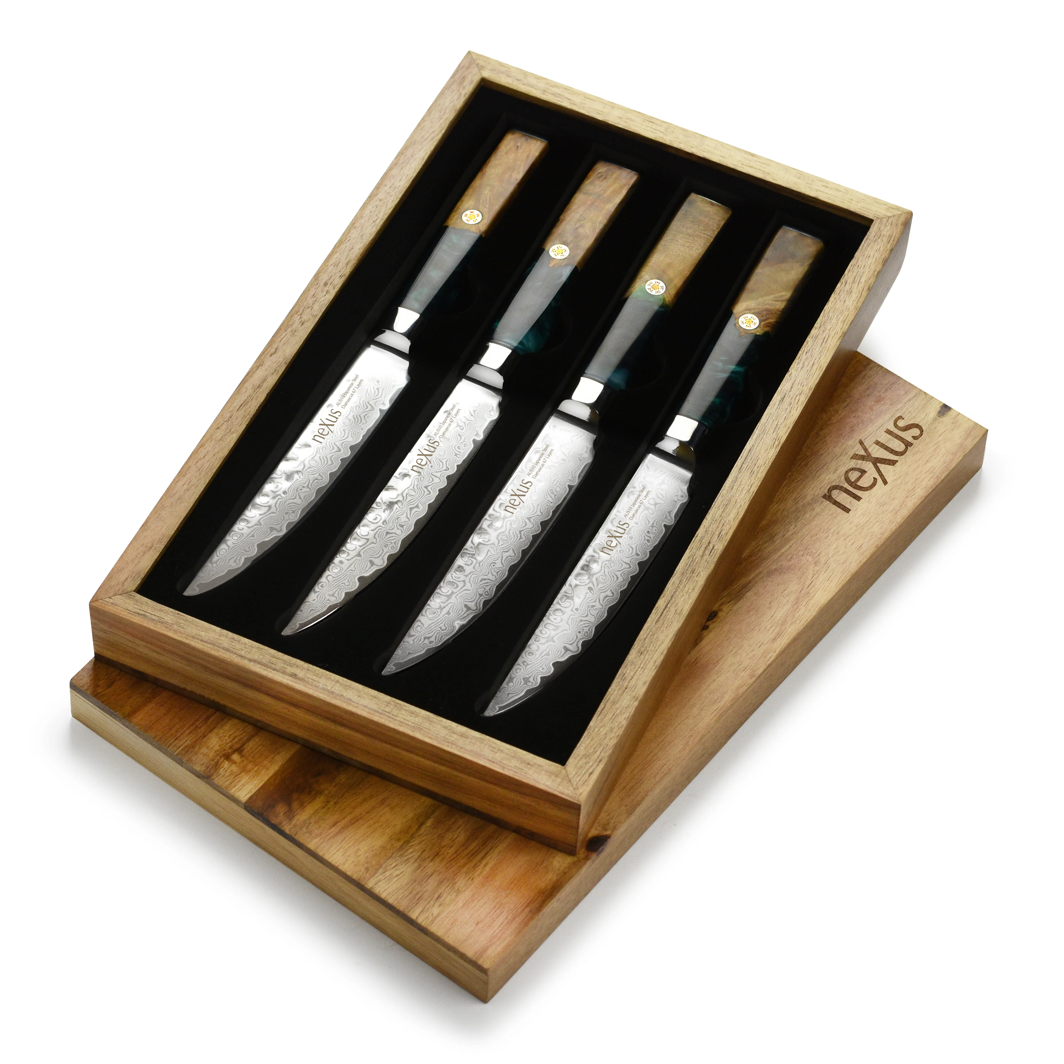 Nexus 4 Piece Damascus Steak Knife Set, Teal Resin & Stabilized Wood - Image 5