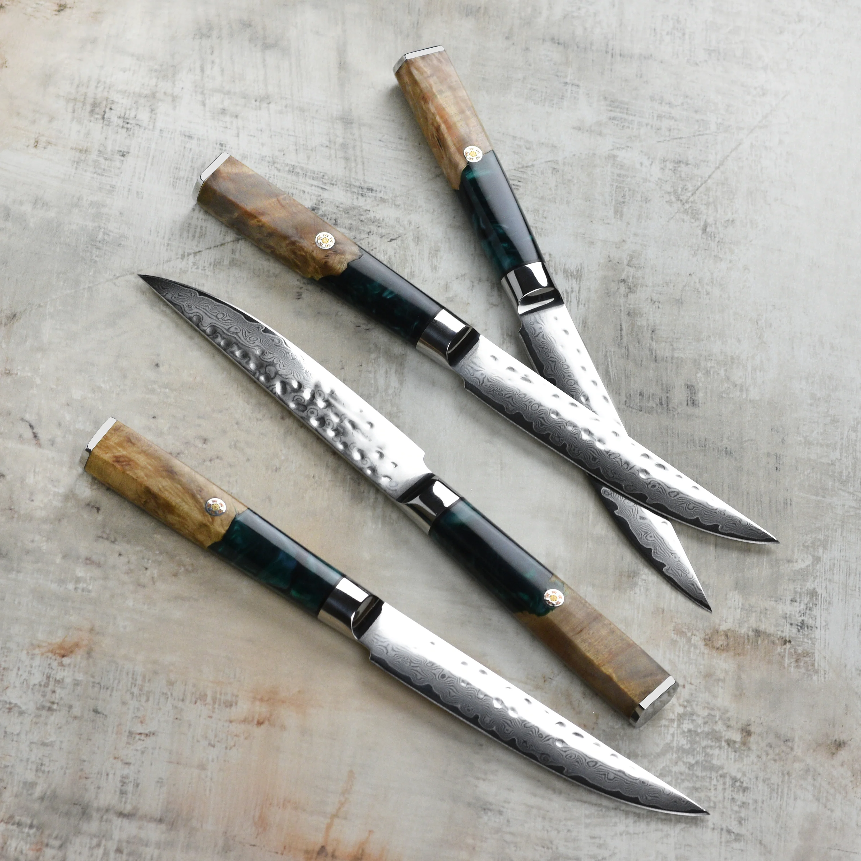 Nexus 4 Piece Damascus Steak Knife Set, Teal Resin & Stabilized Wood - Image 7