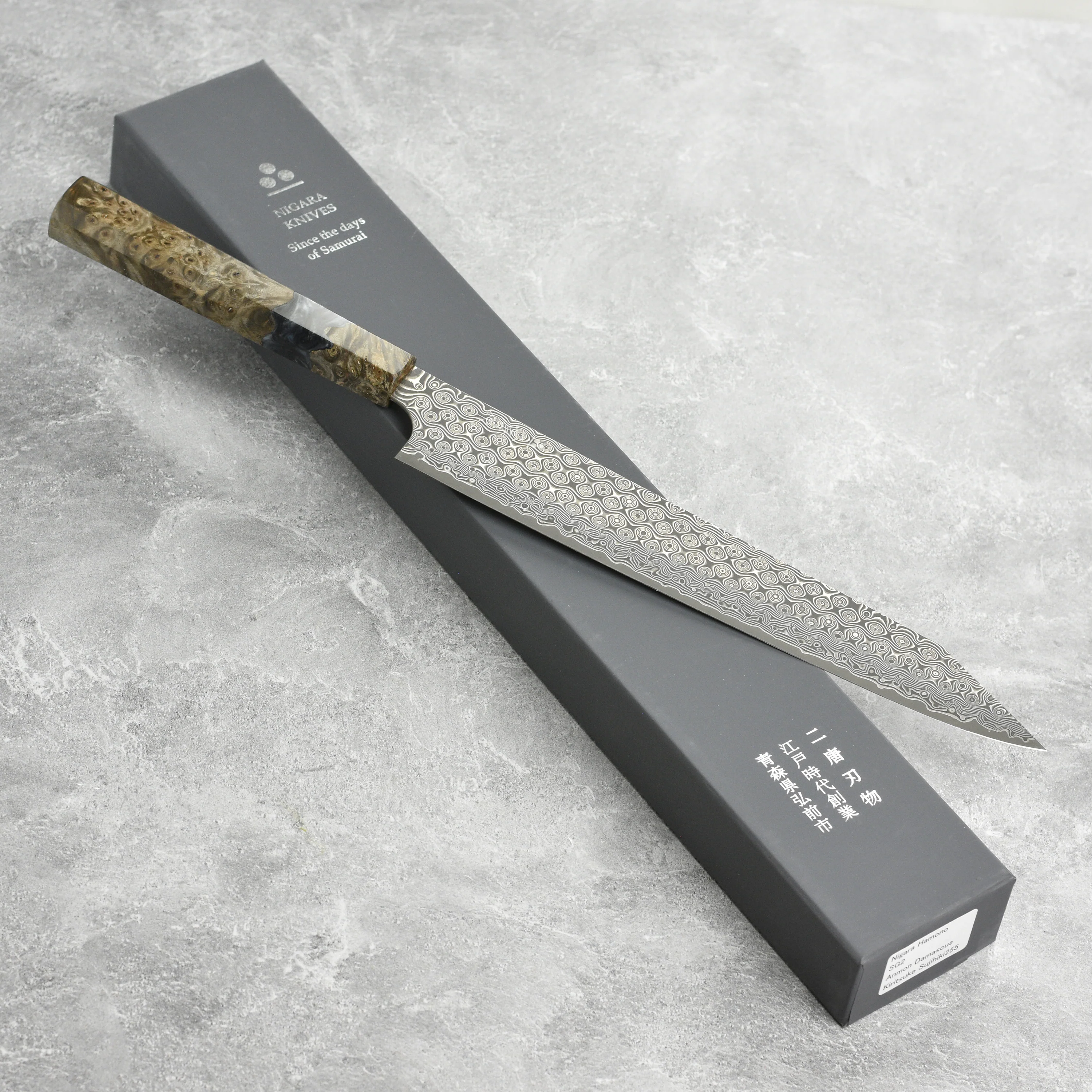 Nigara Anmon SG2 Damascus 10" Kiritsuke Sujihiki - Image 8