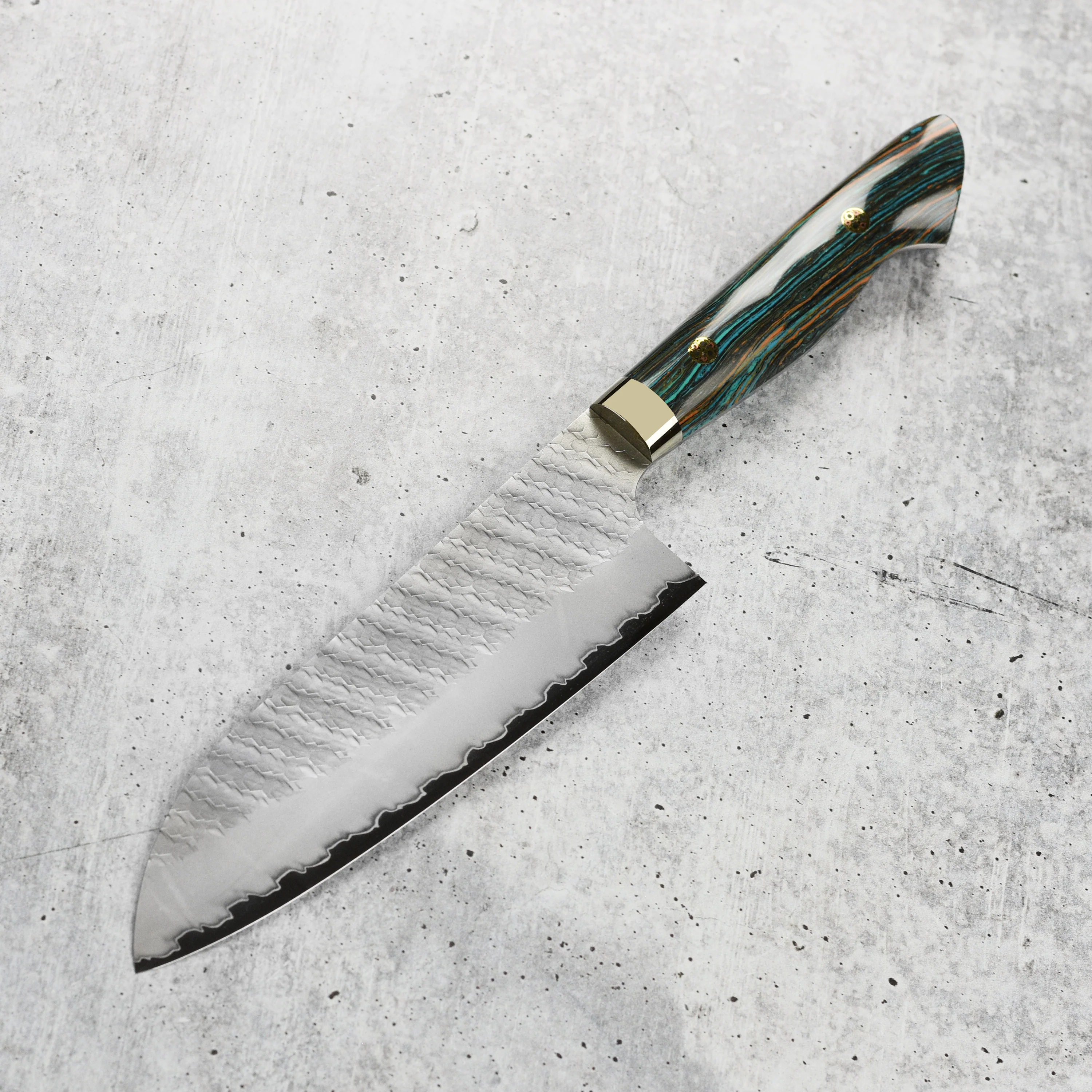 Nigara SG2 Migaki Tsuchime 7" Santoku, Striped Turquoise - Image 6