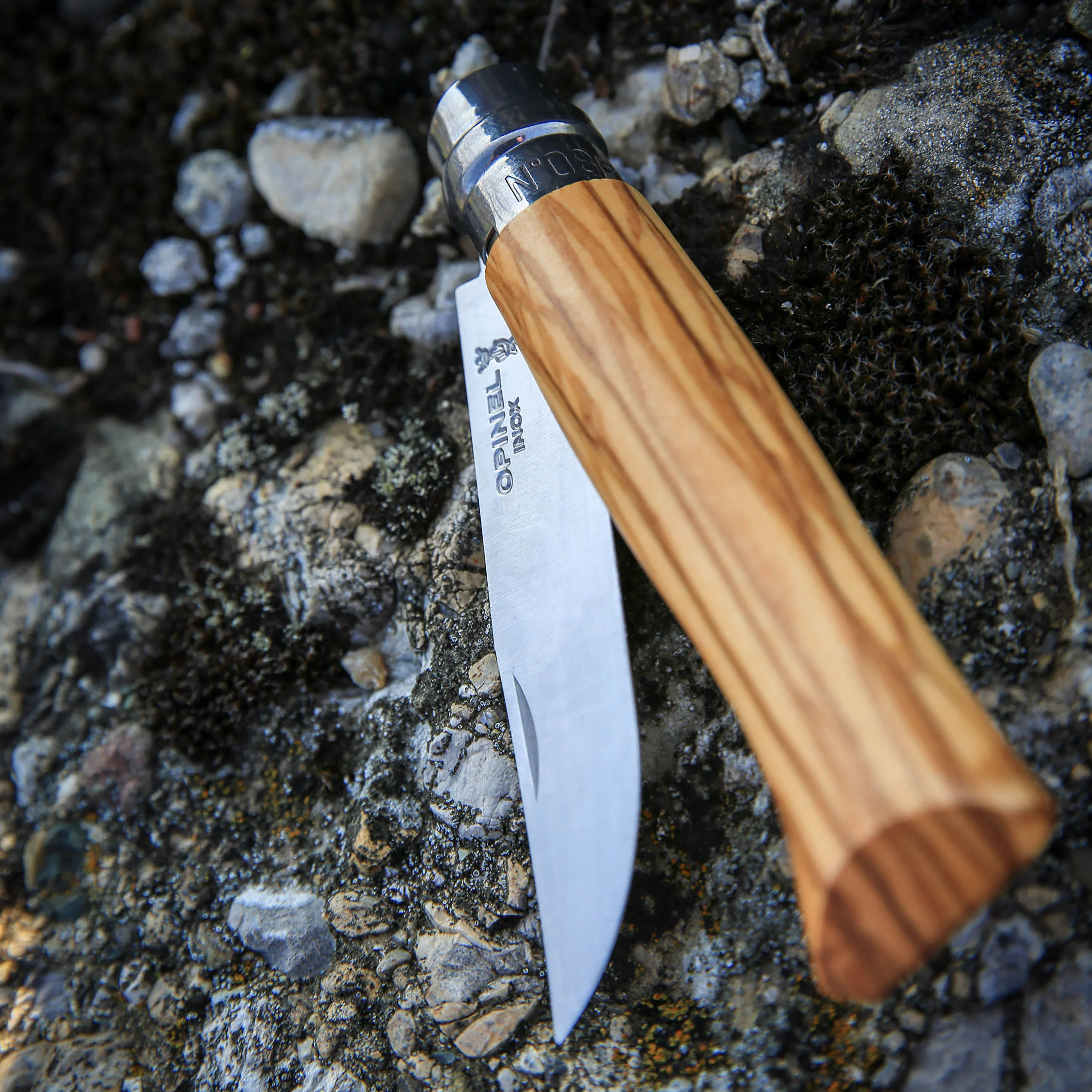 Opinel No. 8 Olive Wood Handle Stainless Folding Knife with Sheath - Image 3