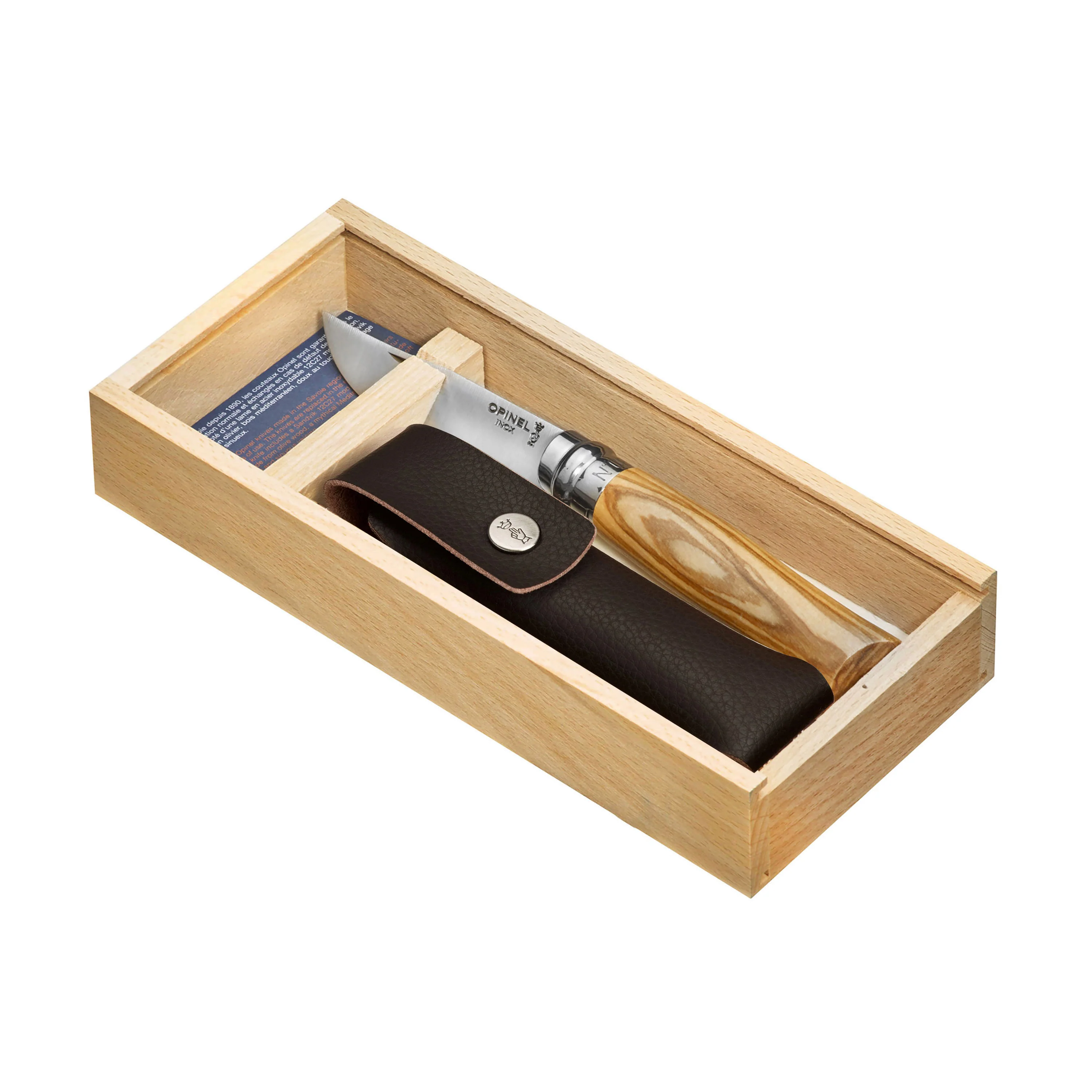 Opinel No. 8 Olive Wood Handle Stainless Folding Knife with Sheath - Image 4