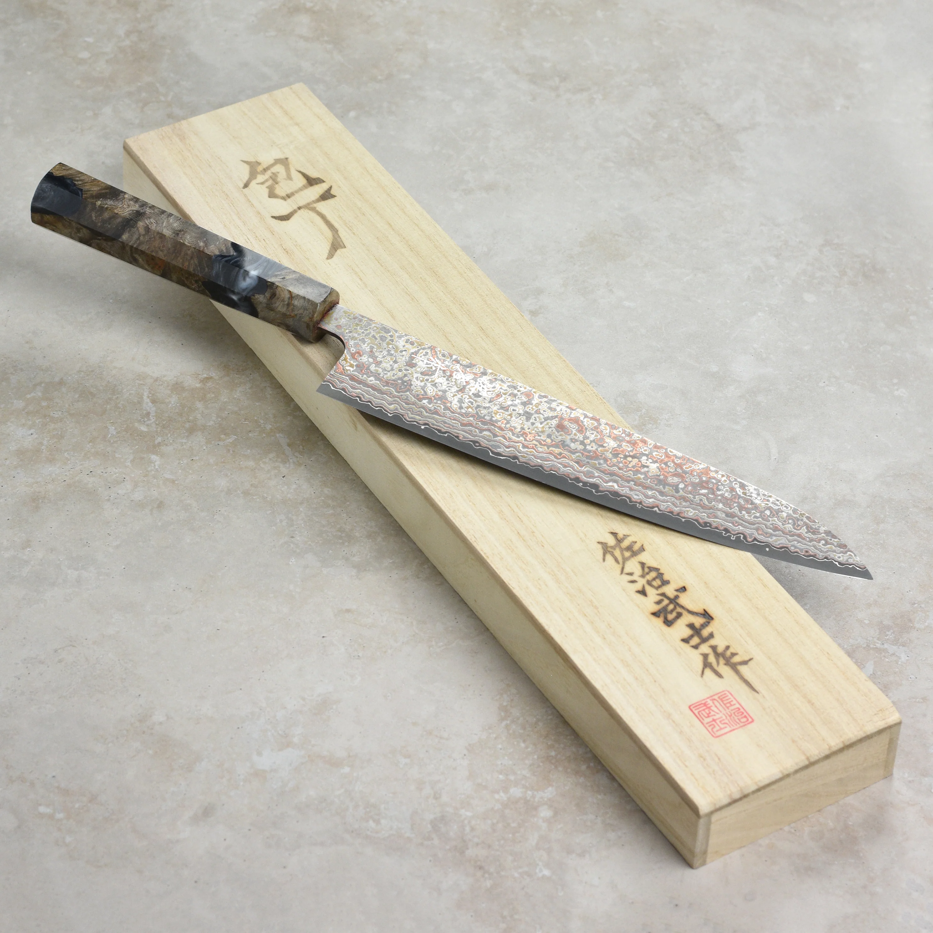 Saji Rainbow Damascus Nashiji 9.4" Gyuto, Stabilized Birch - Image 3