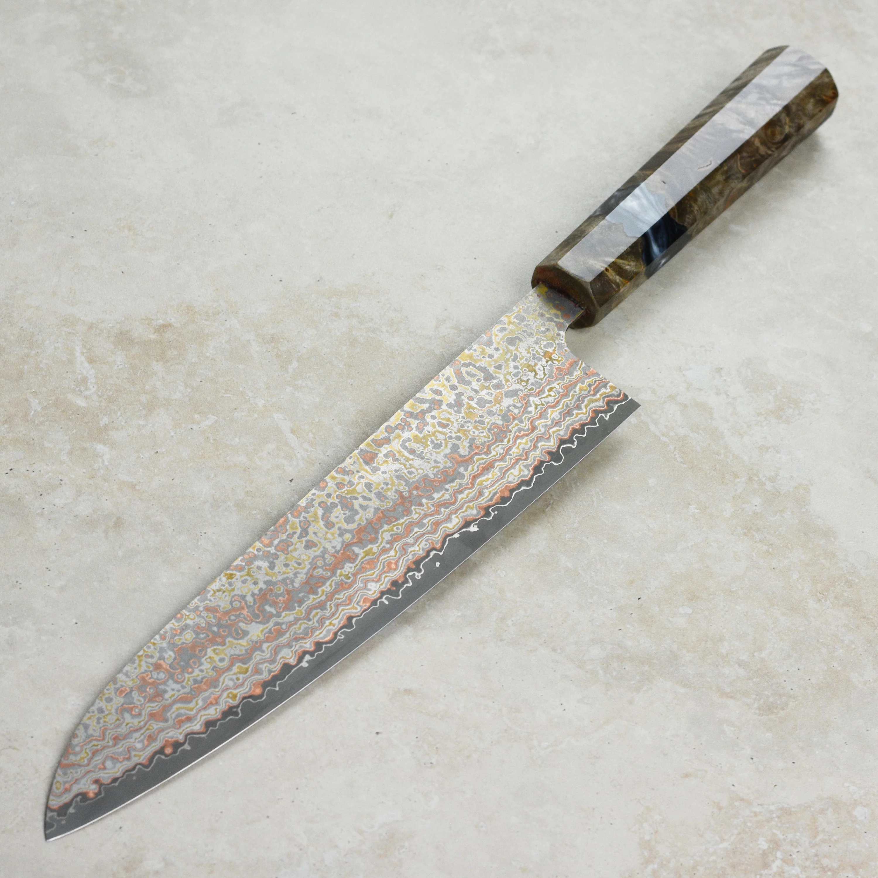Saji Rainbow Damascus Nashiji 9.4" Gyuto, Stabilized Birch - Image 4