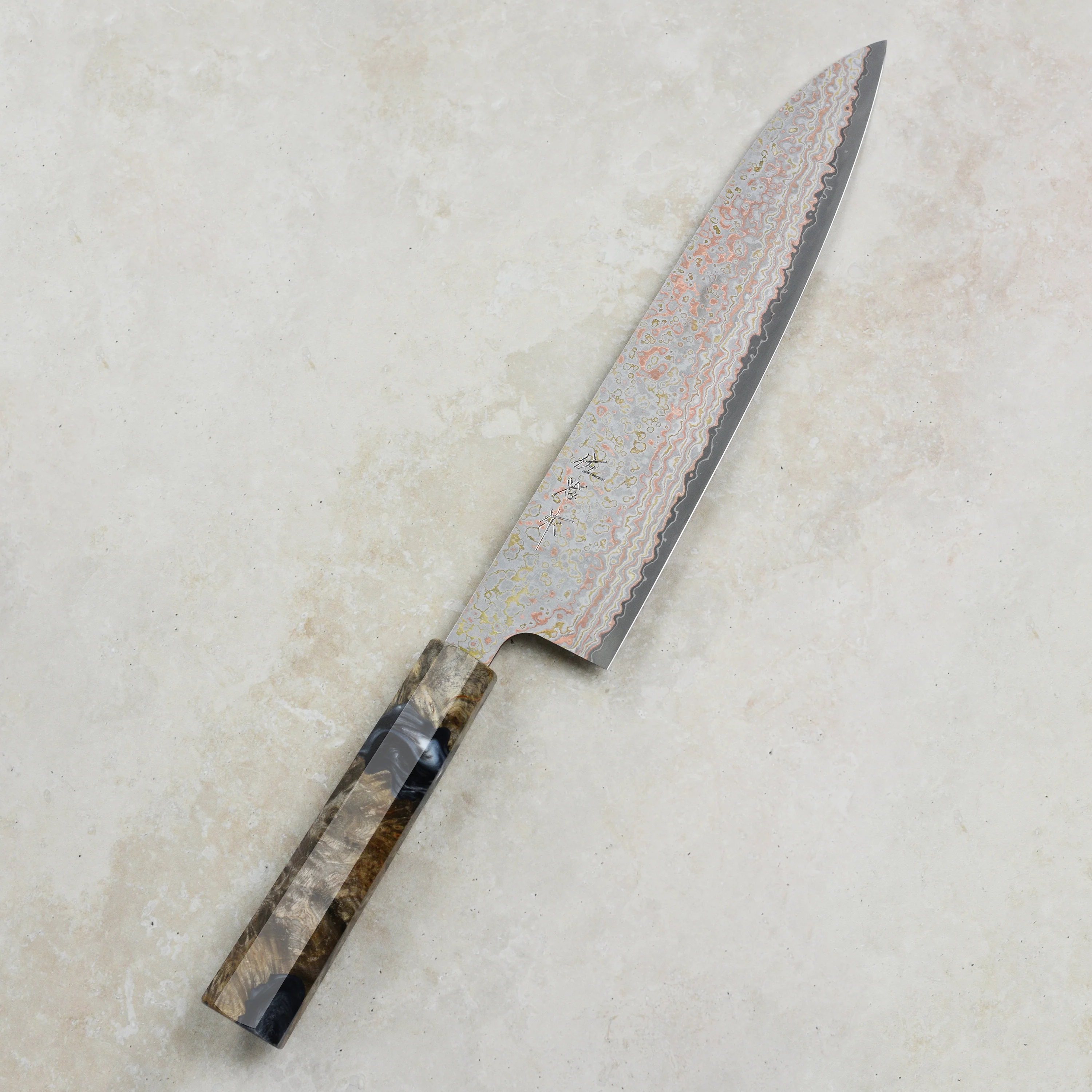 Saji Rainbow Damascus Nashiji 9.4" Gyuto, Stabilized Birch - Image 8
