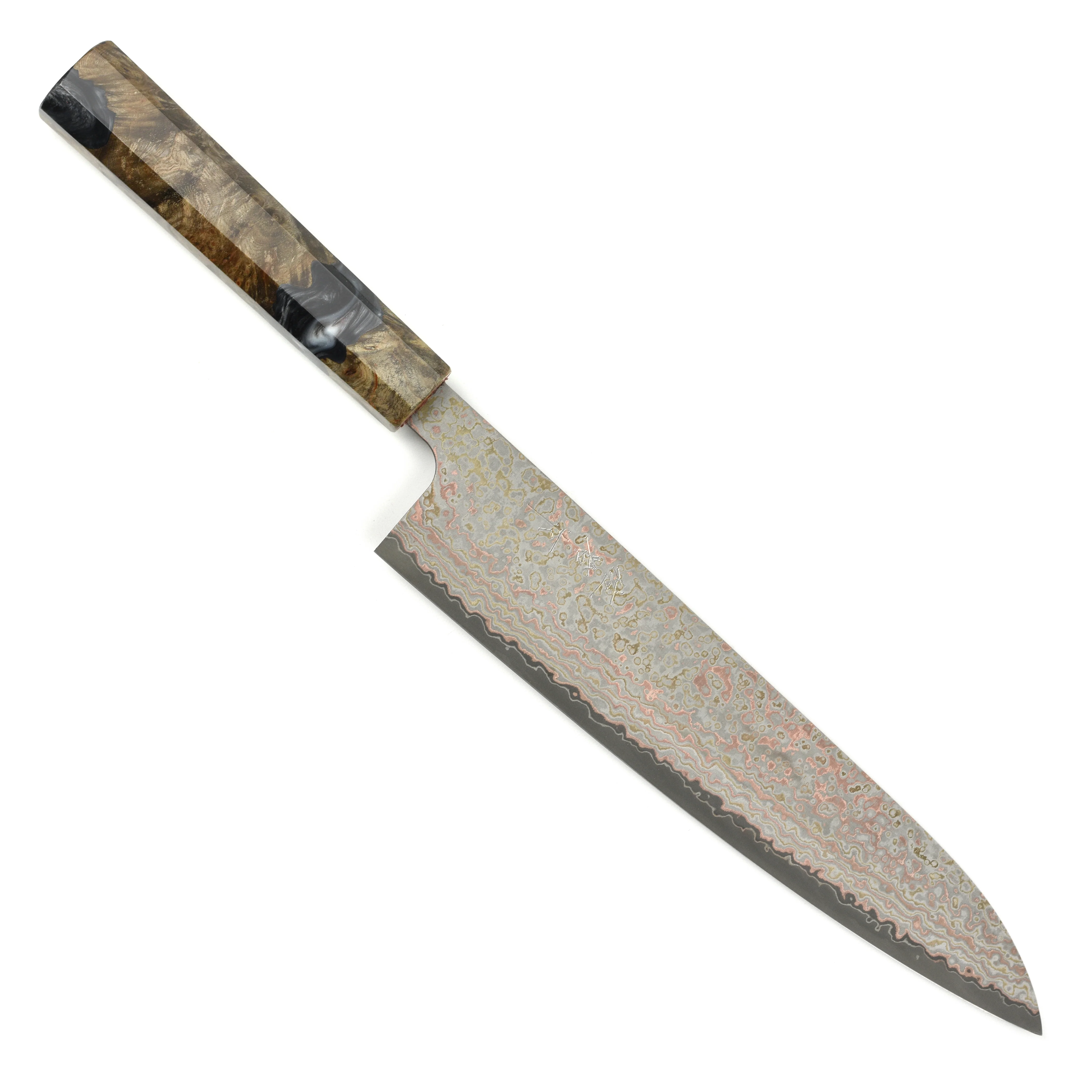 Saji Rainbow Damascus Nashiji 9.4" Gyuto, Stabilized Birch - Image 9