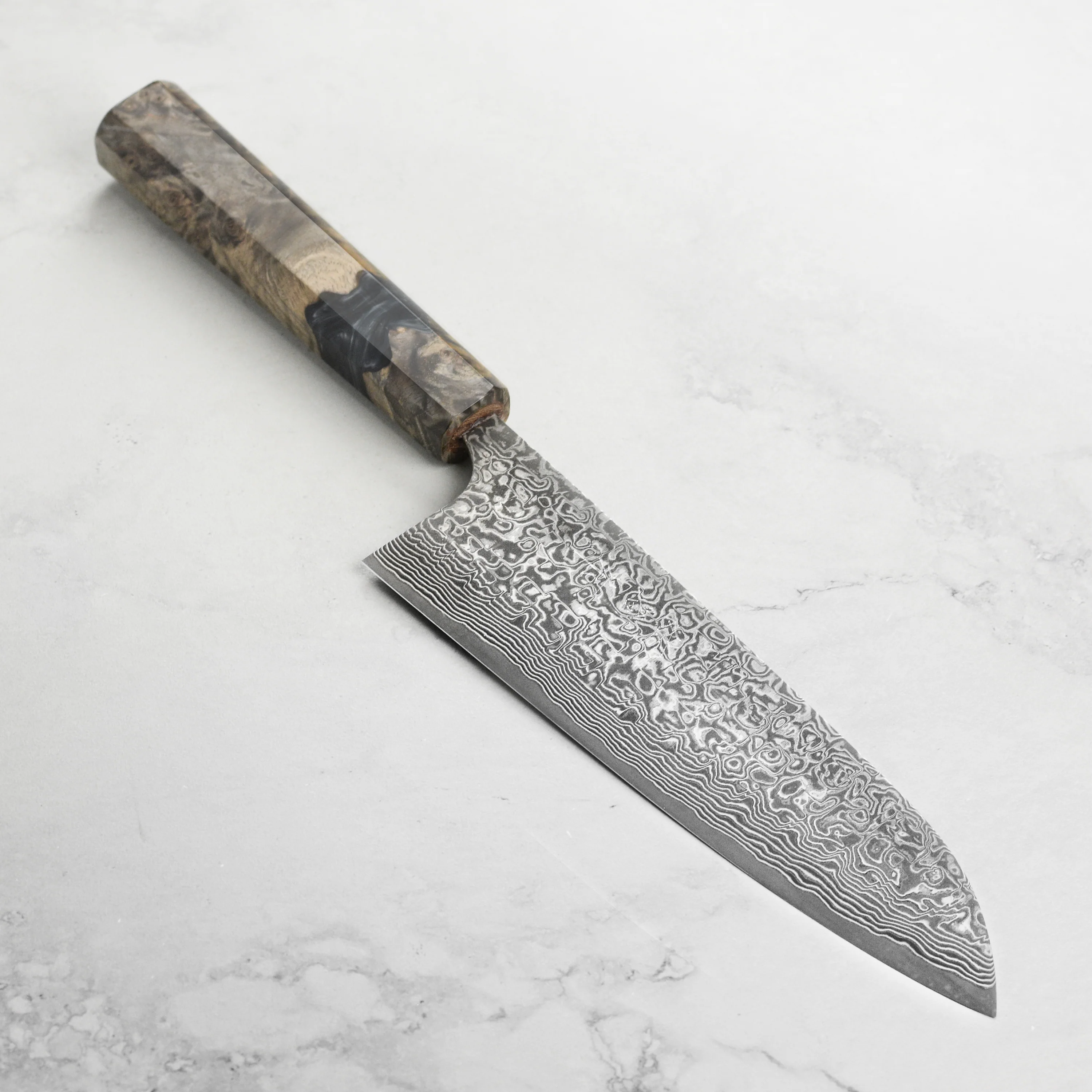 Saji SG2 Black Damascus 7" Santoku, Stabilized Birch