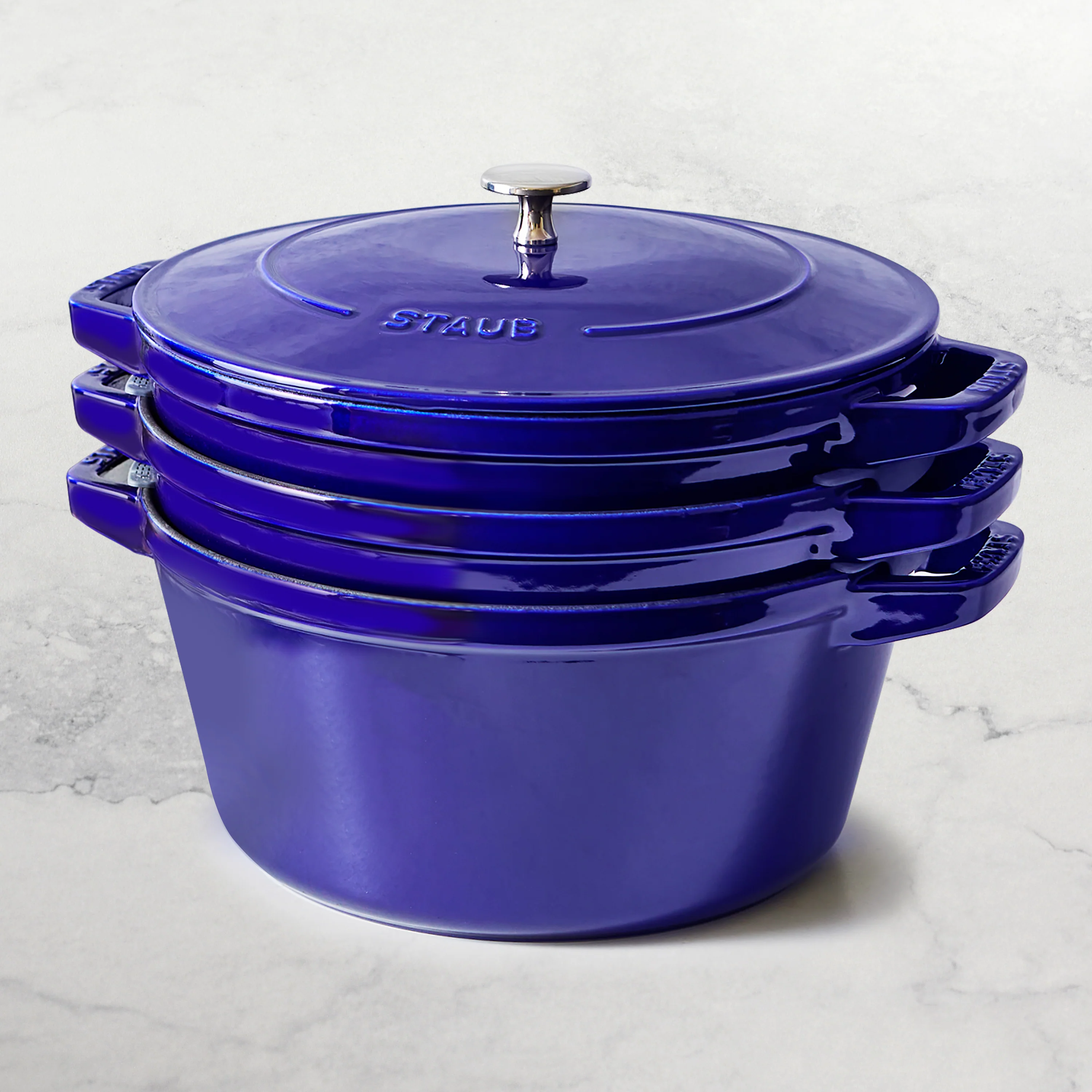 Staub 4 Piece Sapphire Blue Stackable Cast Iron Cookware Set
