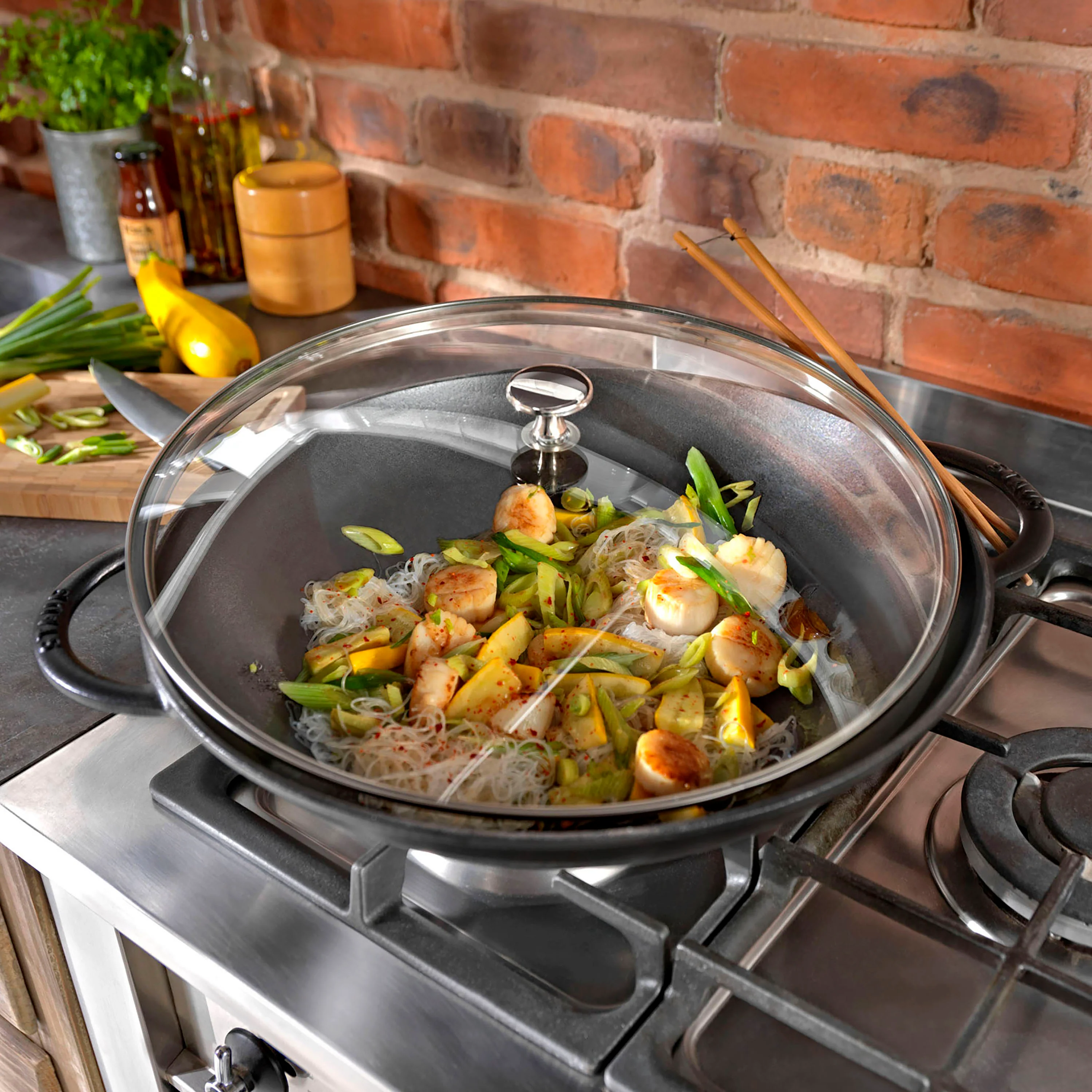 Staub 14" Matte Black Wok with Glass Lid - Image 2