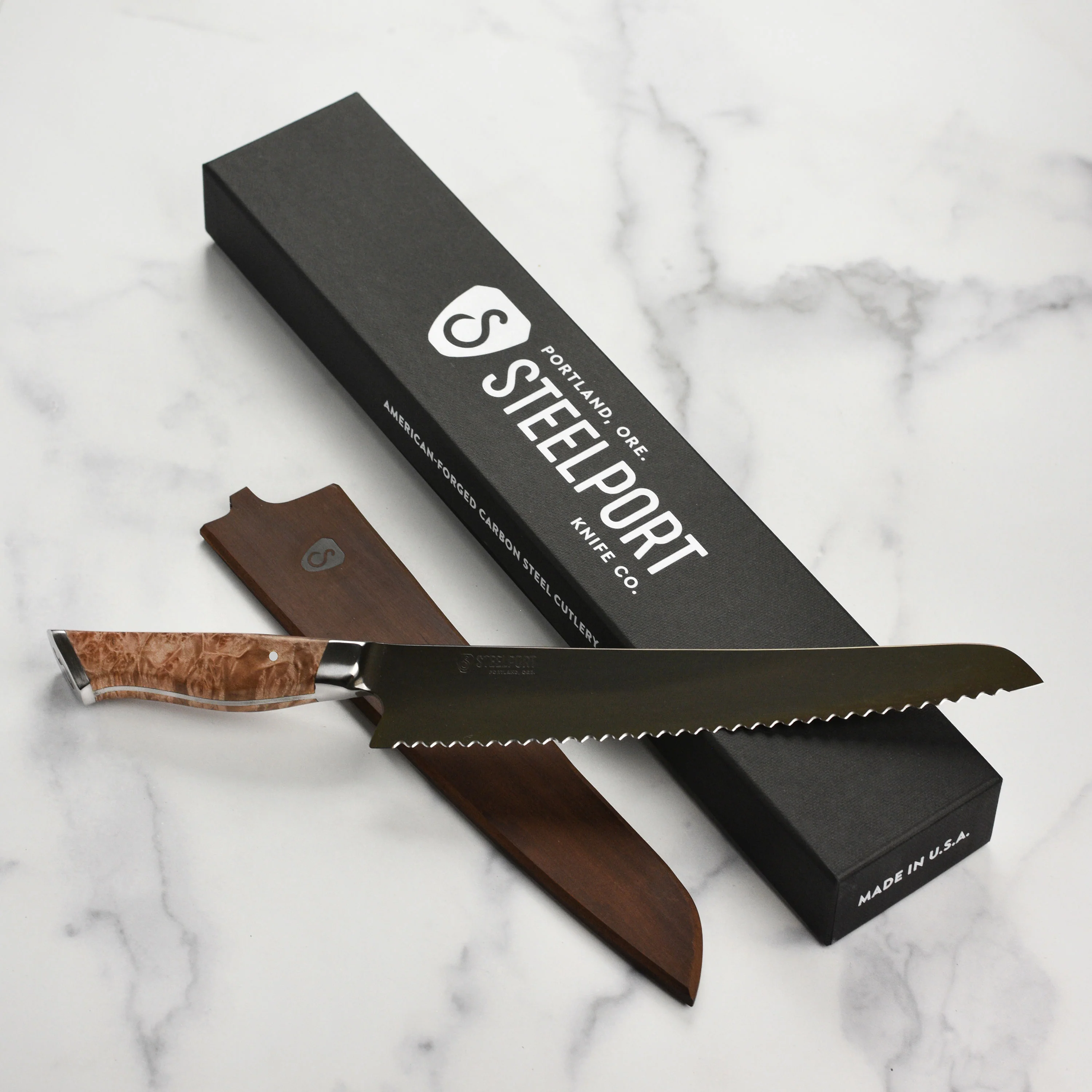Steelport Carbon Steel 10" Bread Knife with Oregon Maple Magnetic Sheath - Image 6