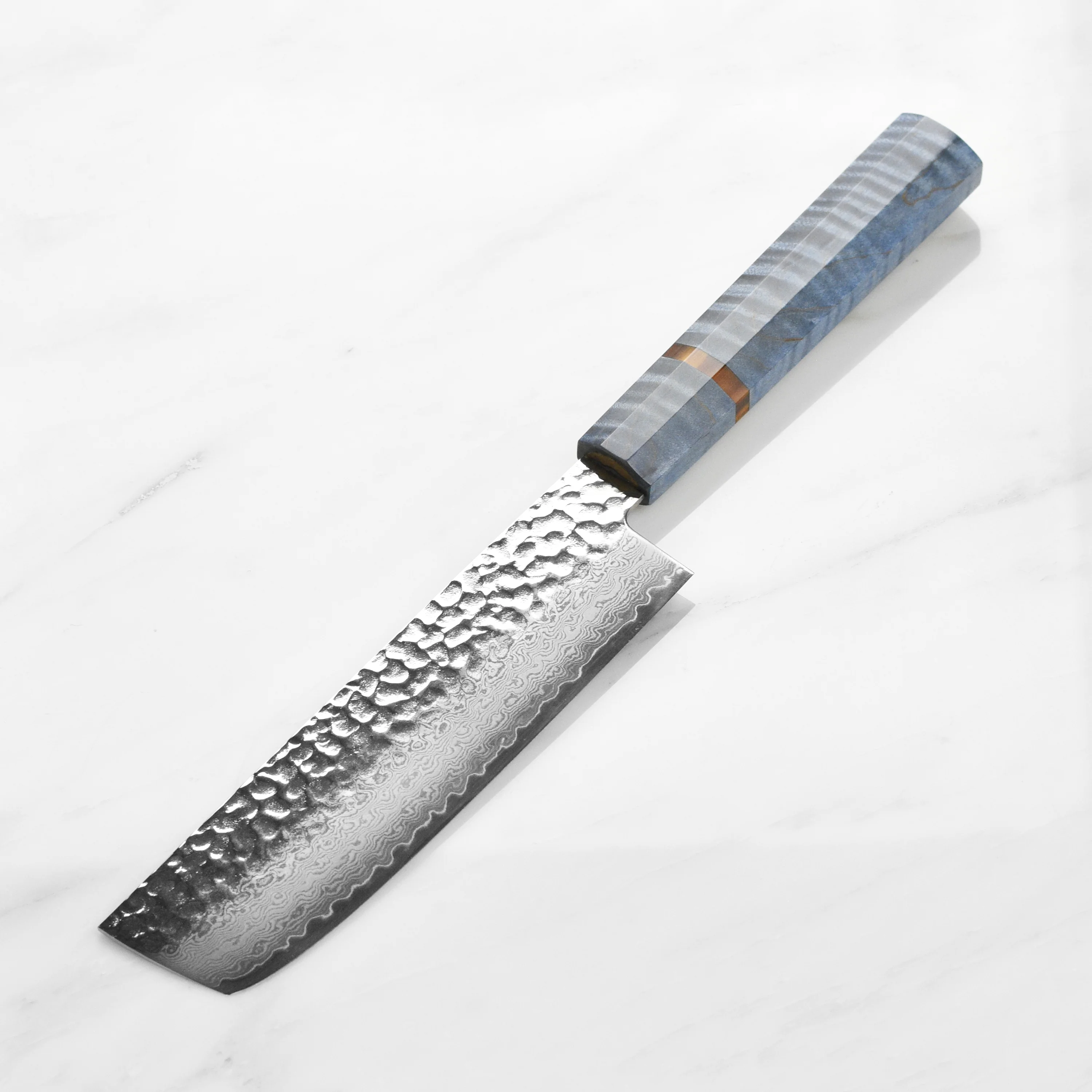 Takayuki Tsuchime Damascus 6.7" Nakiri, Blue Stabilized Handle - Image 6