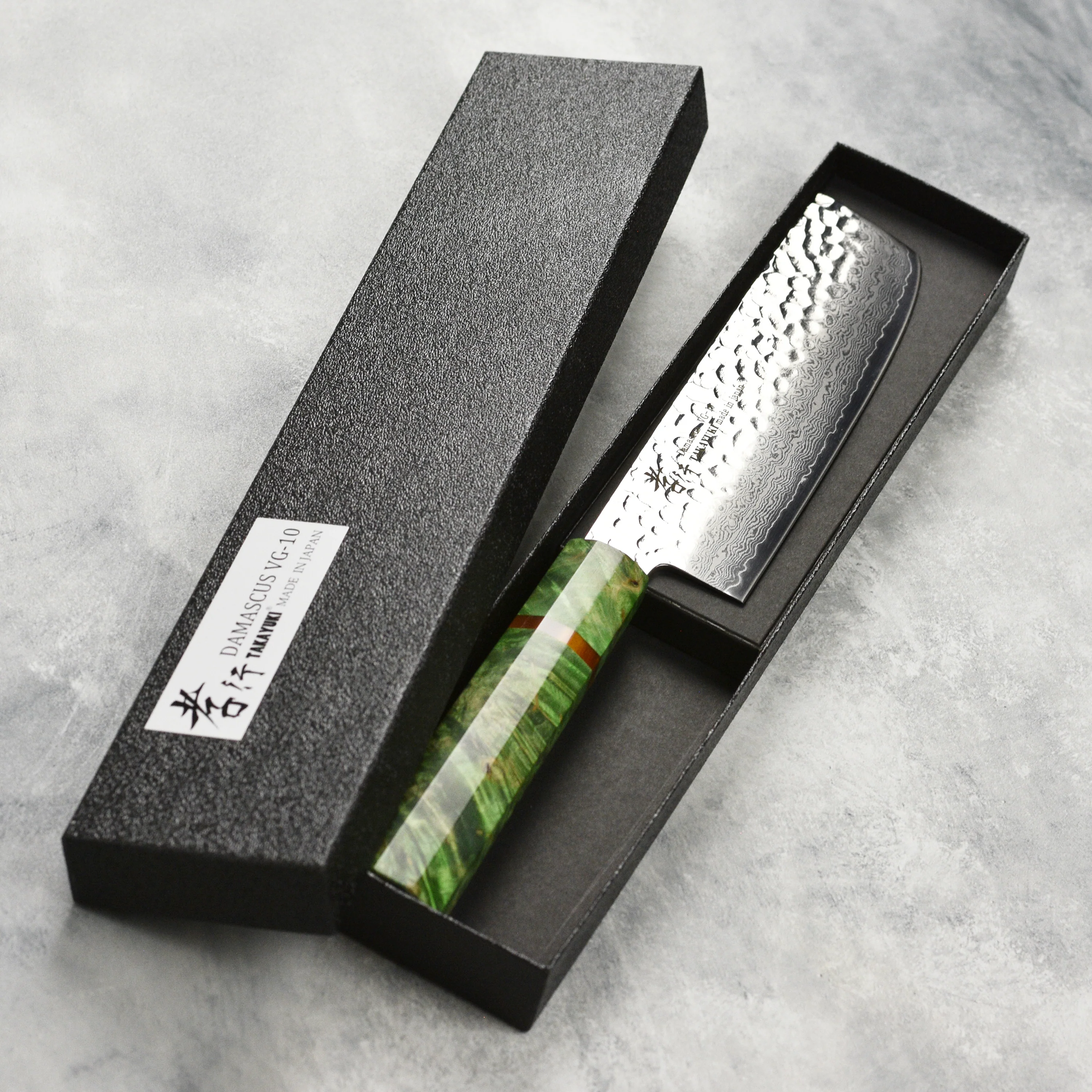 Takayuki Tsuchime Damascus 6.7" Nakiri, Green Stabilized Handle - Image 3
