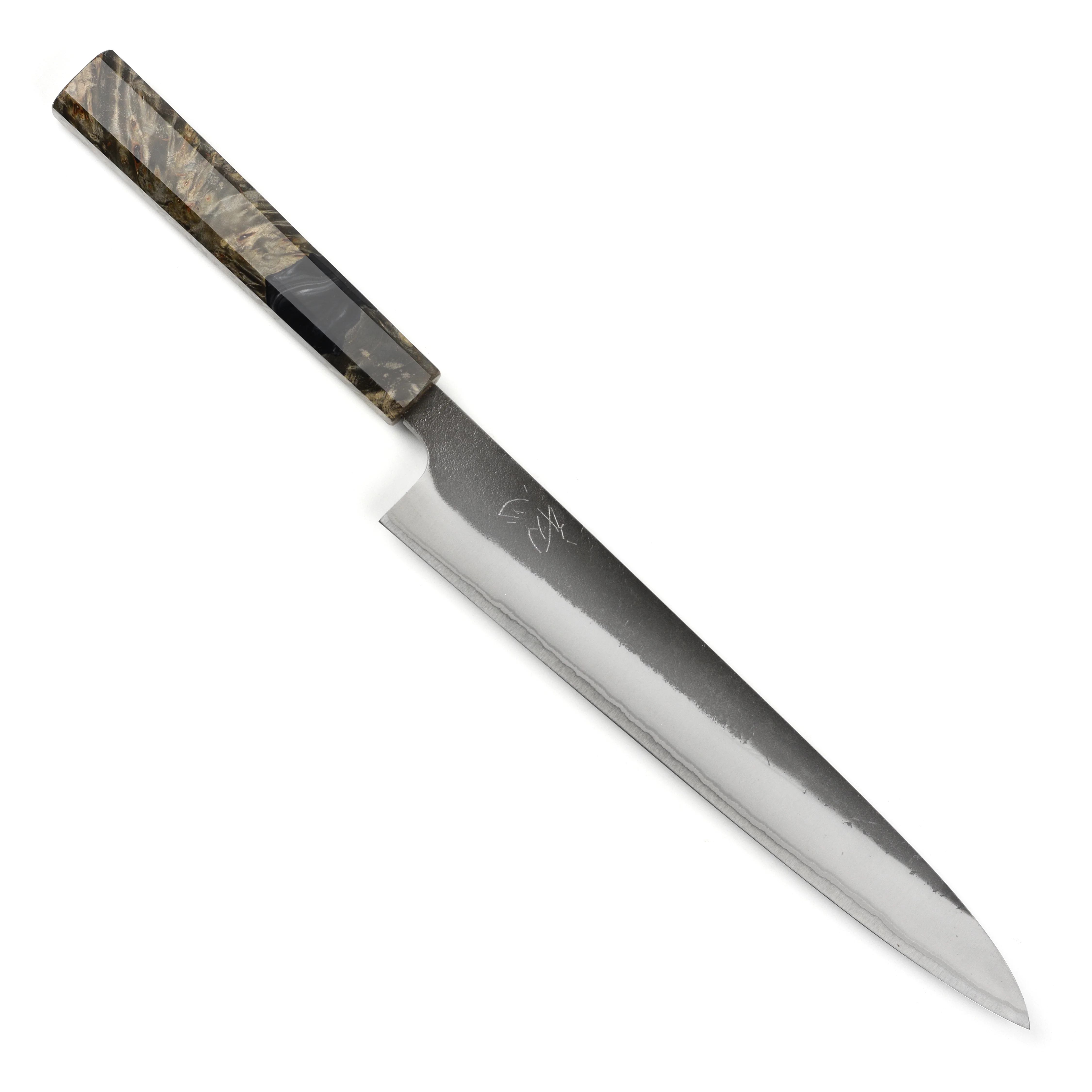 Yoshikane Shirogami #2 Kurouchi Stainless Clad 9.4" Sujihiki, Stabilized Birch - Image 9