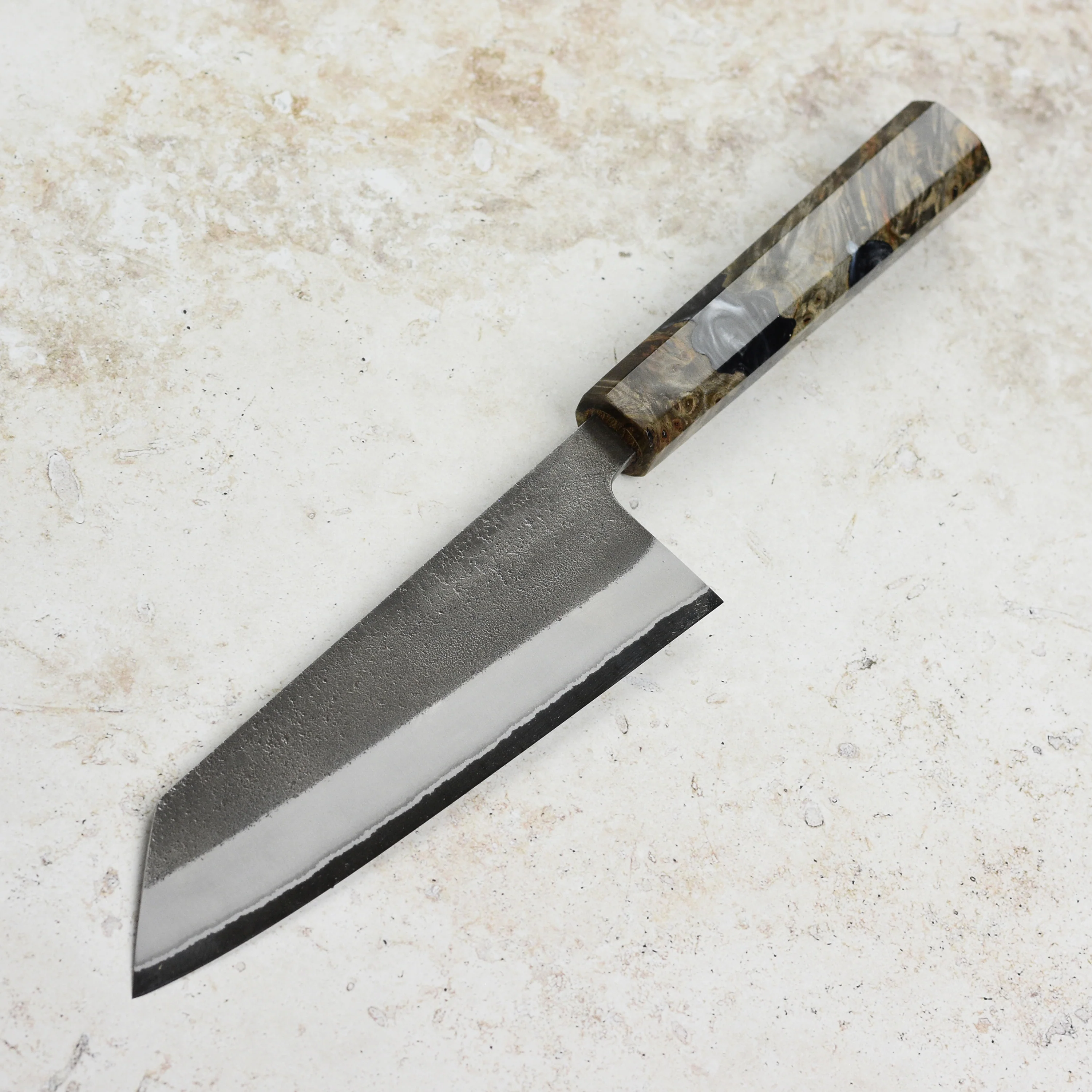Yoshikane Shirogami #2 Kurouchi Stainless Clad 6.5" Bunka, Stabilized Birch - Image 6