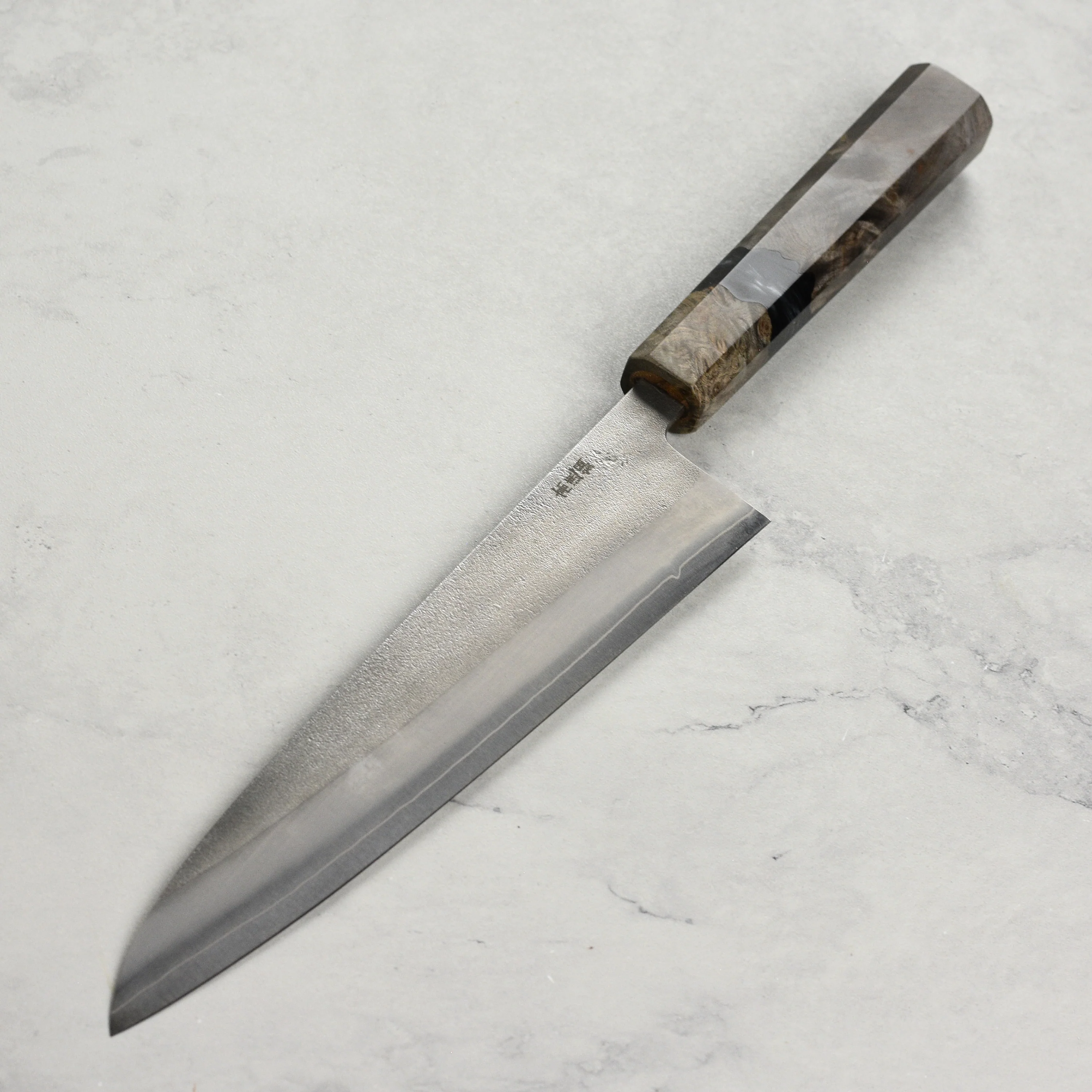 Yoshikane SKD Nashiji Stainless Clad 8.25" Gyuto, Stabilized Birch - Image 6