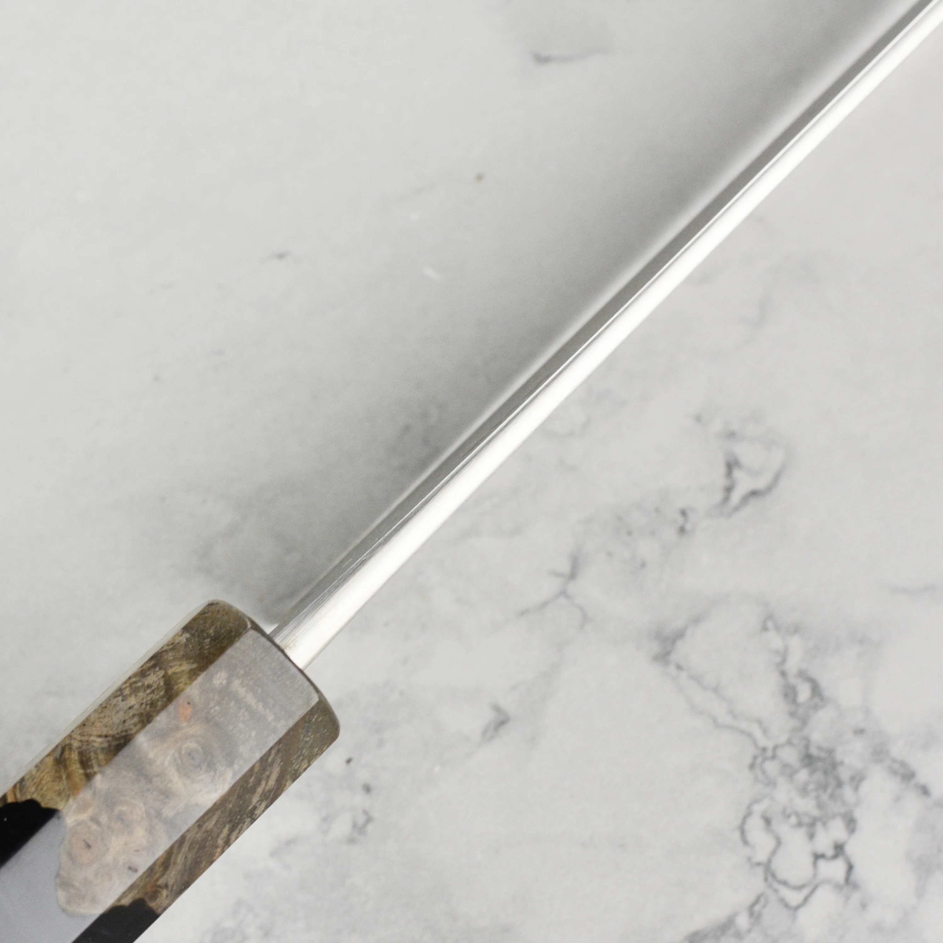 Yoshikane SKD Nashiji Stainless Clad 8.25" Gyuto, Stabilized Birch - Image 7