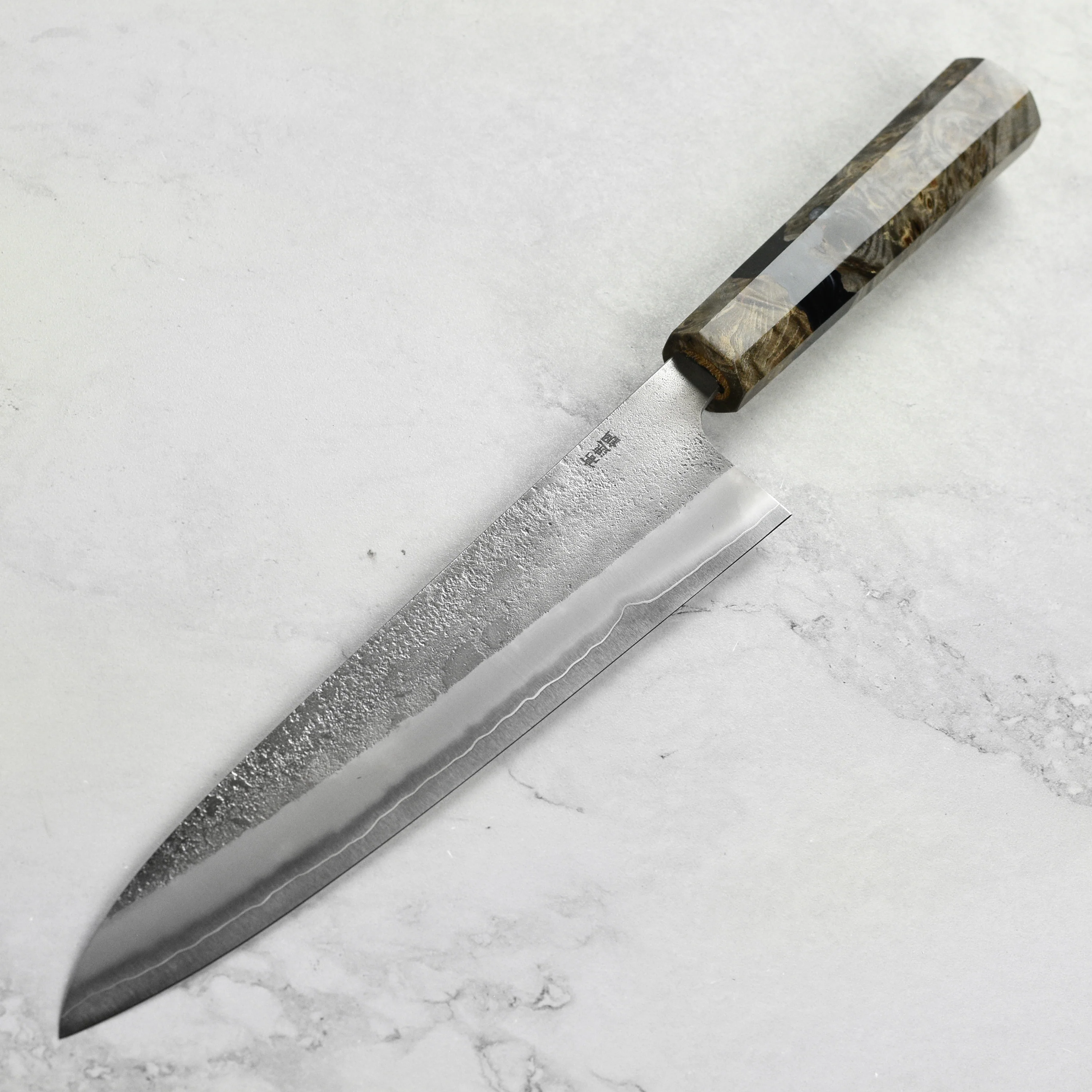 Yoshikane SKD Nashiji Stainless Clad 9.4" Gyuto, Stabilized Birch - Image 6