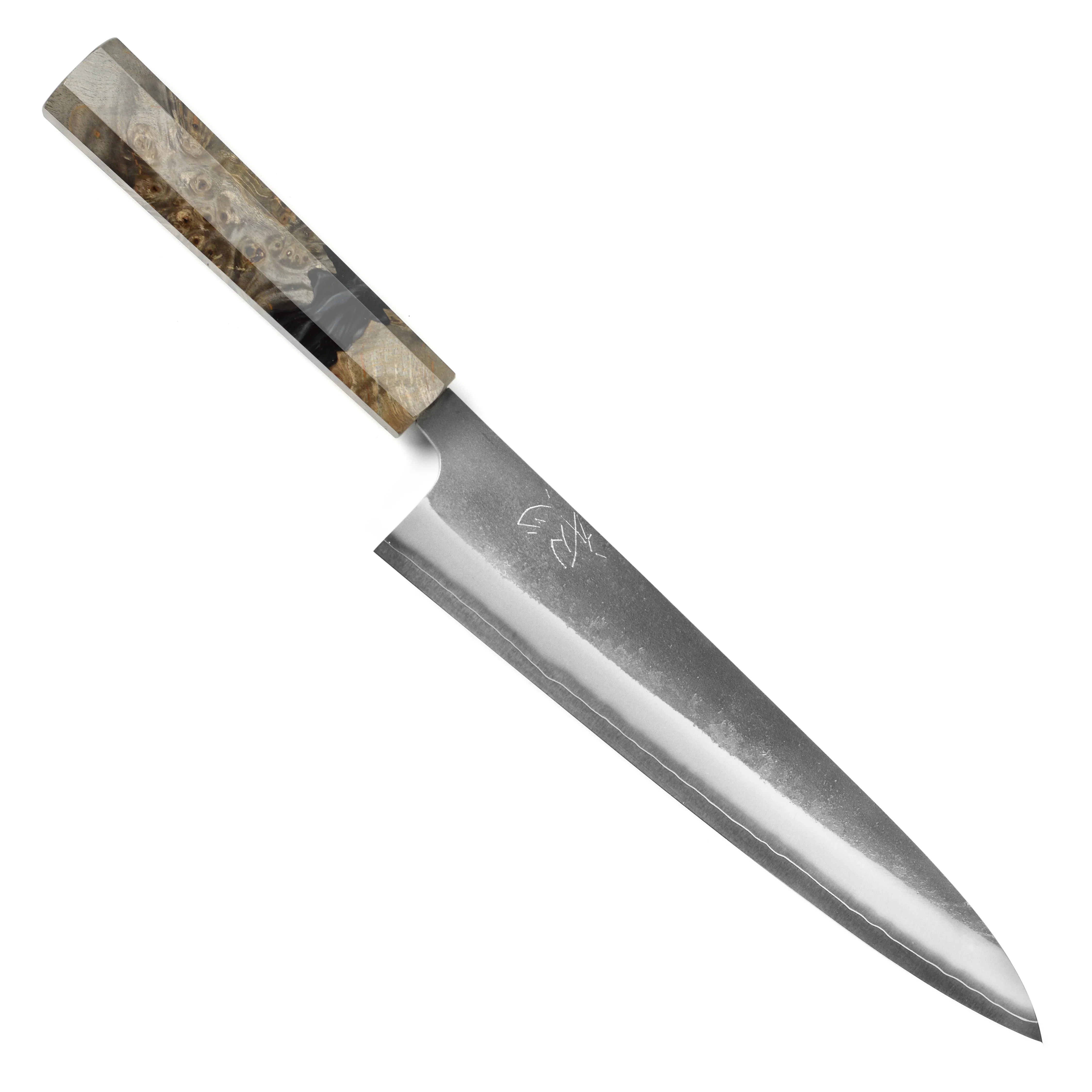 Yoshikane SKD Nashiji Stainless Clad 9.4" Gyuto, Stabilized Birch - Image 9