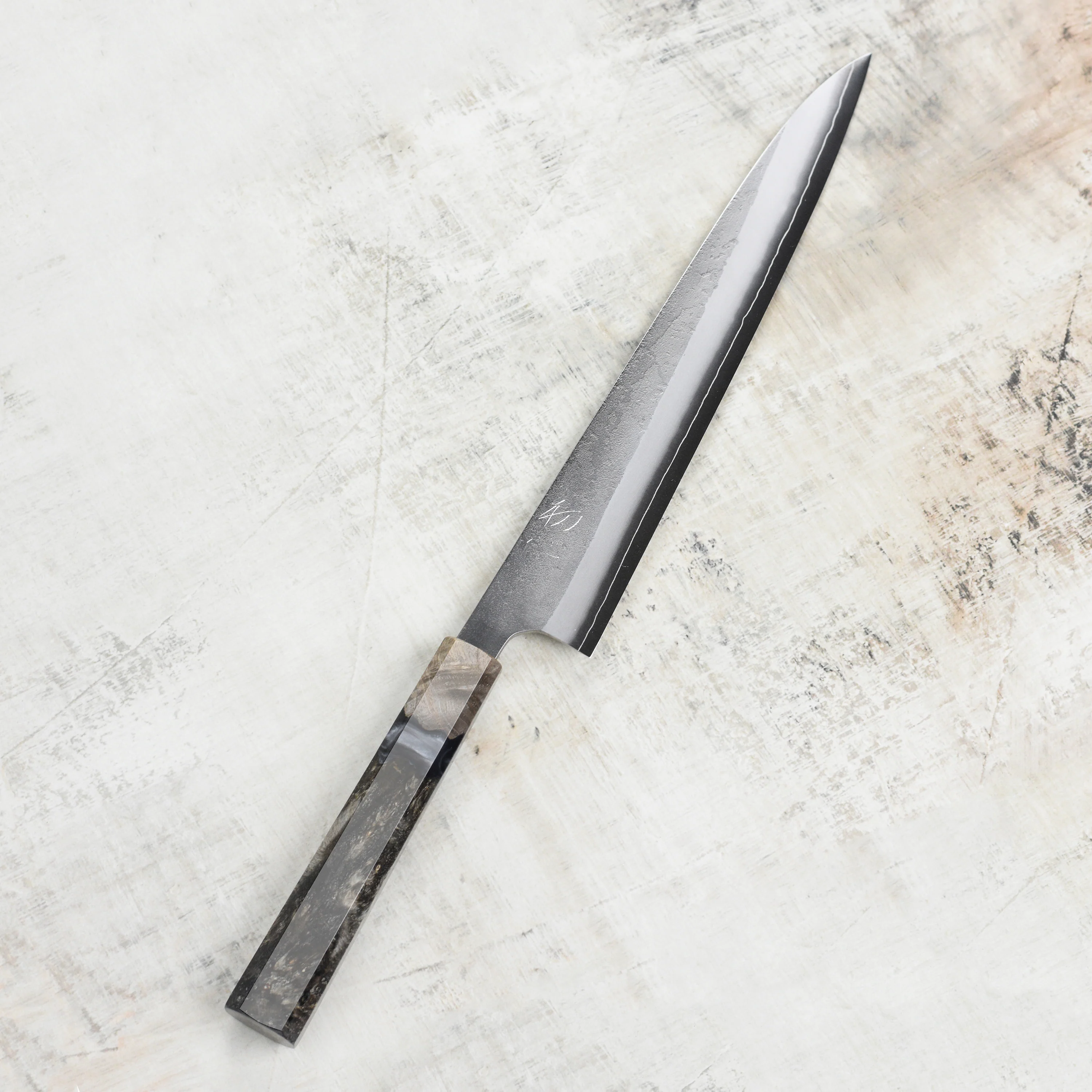 Yoshikane SKD Nashiji Stainless Clad 9.4" Sujihiki, Stabilized Birch - Image 4