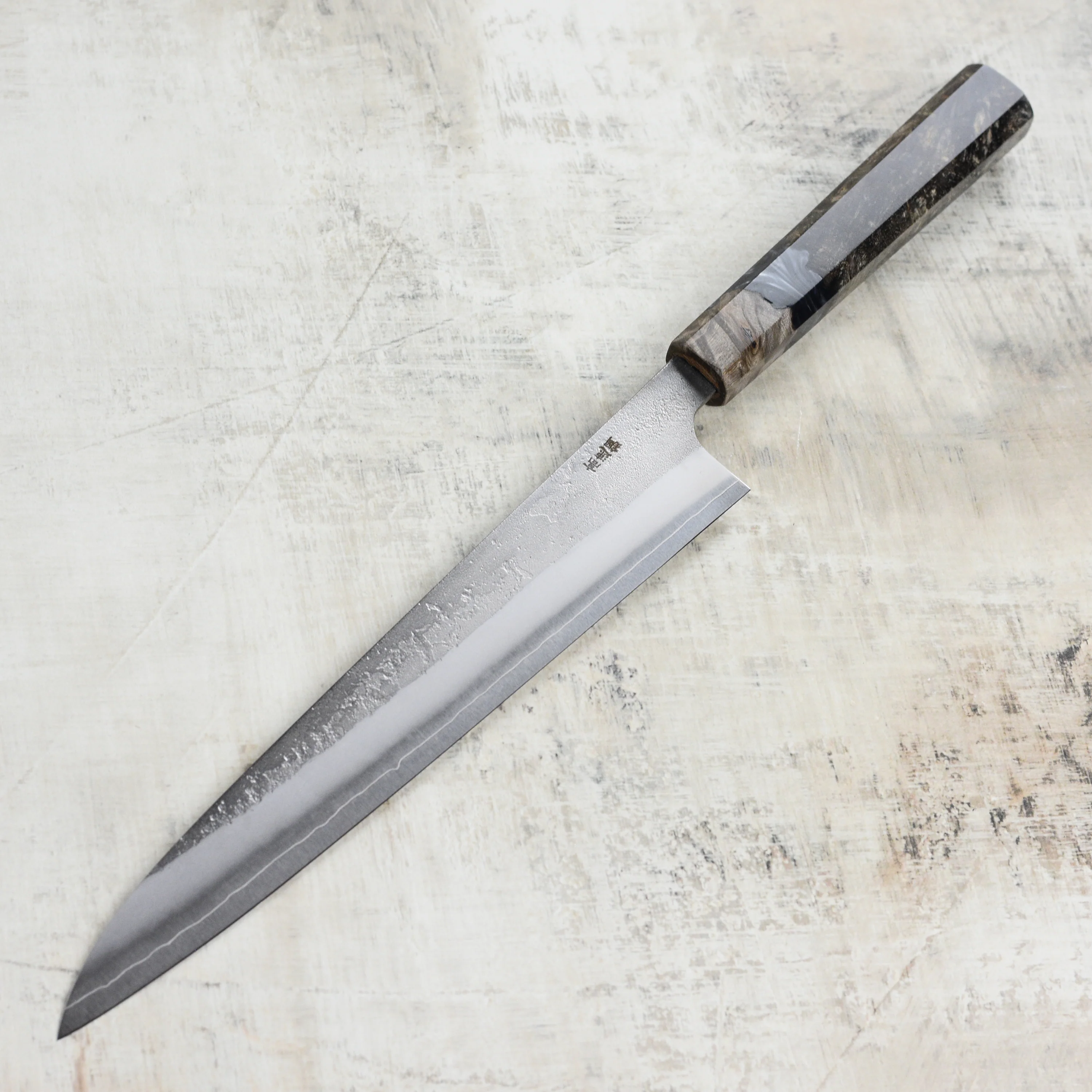 Yoshikane SKD Nashiji Stainless Clad 9.4" Sujihiki, Stabilized Birch - Image 6