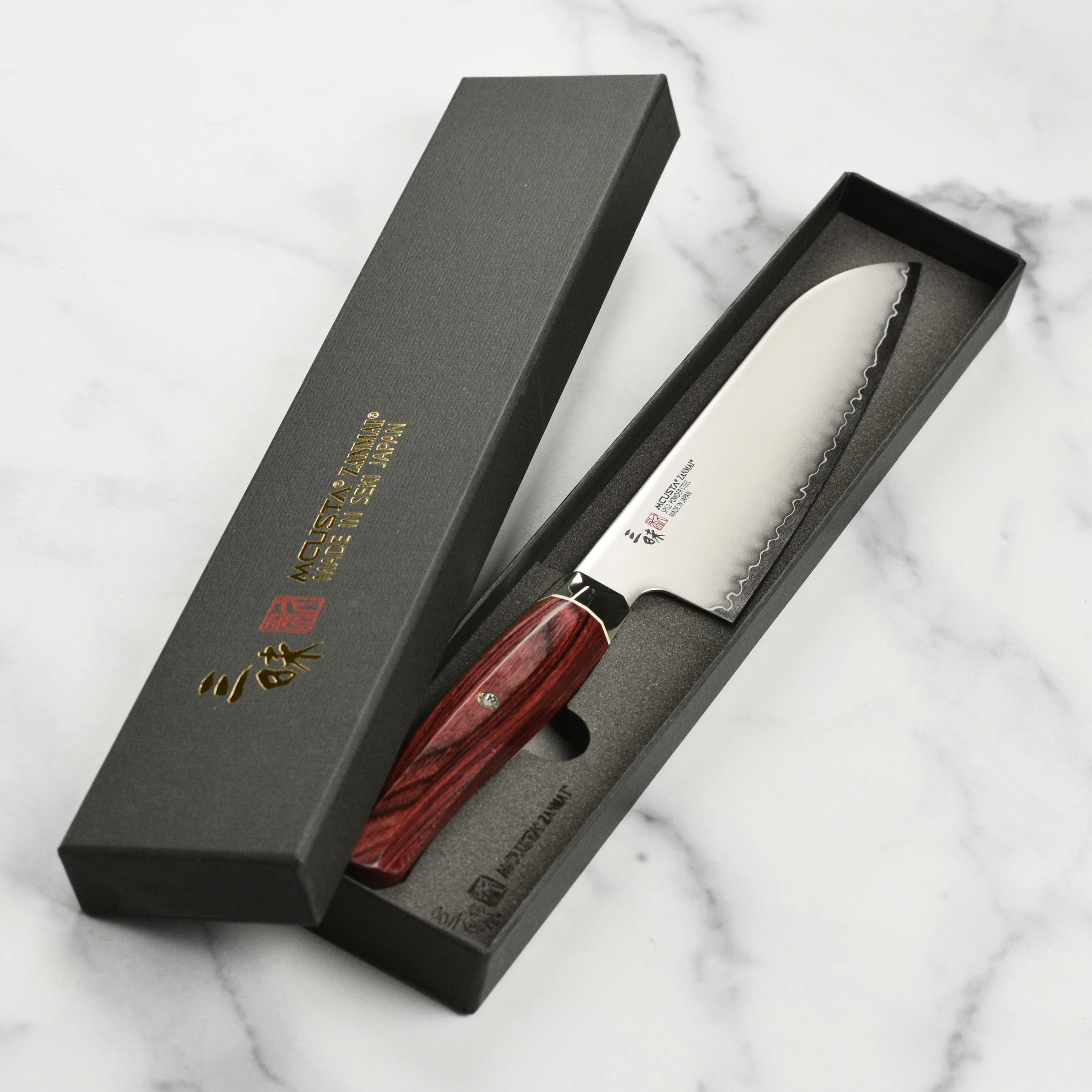 Zanmai Revolution SG2 7" Santoku Knife with Red Pakkawood Handle - Image 6