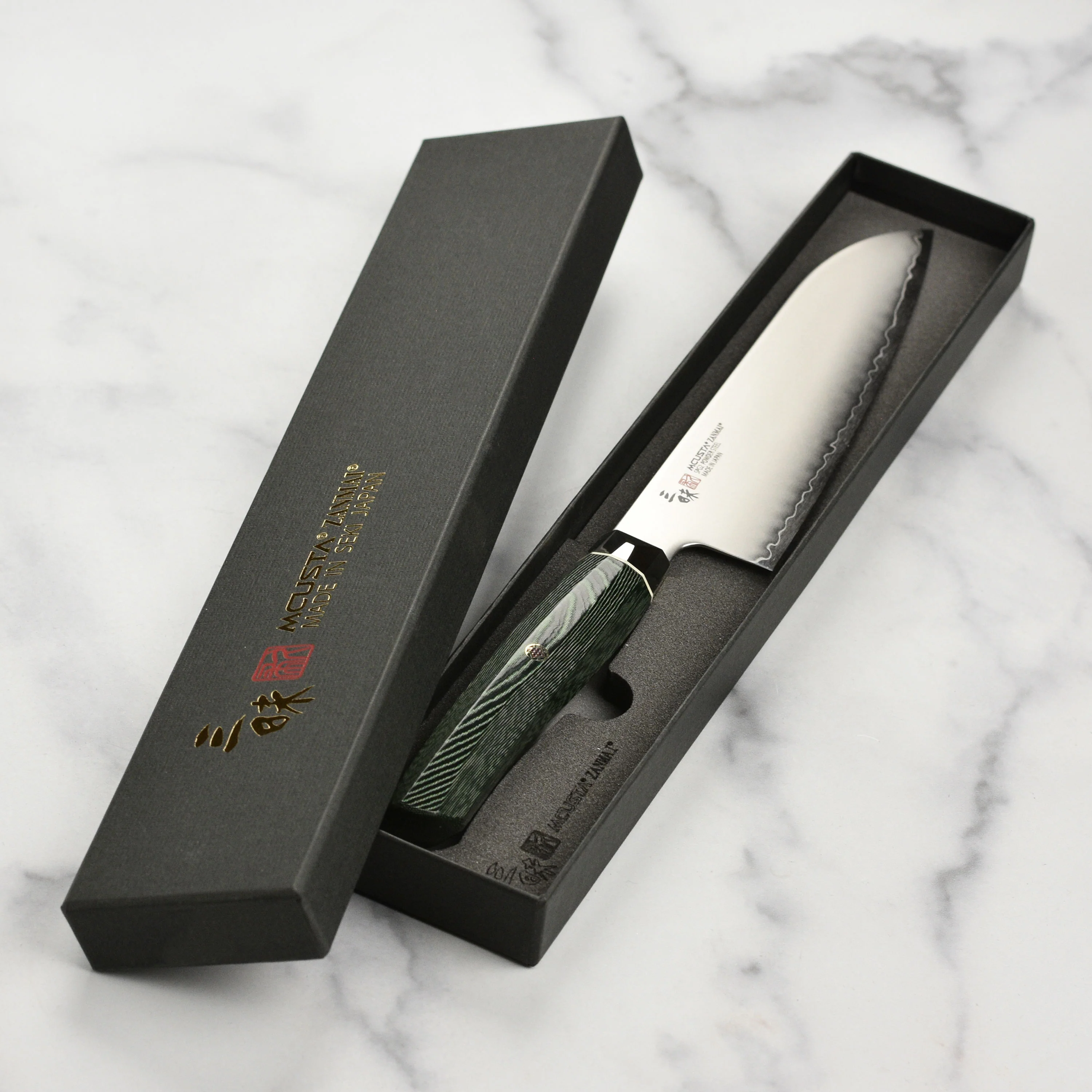 Zanmai Revolution SG2 7" Santoku Knife with Green Micarta Handle - Image 6